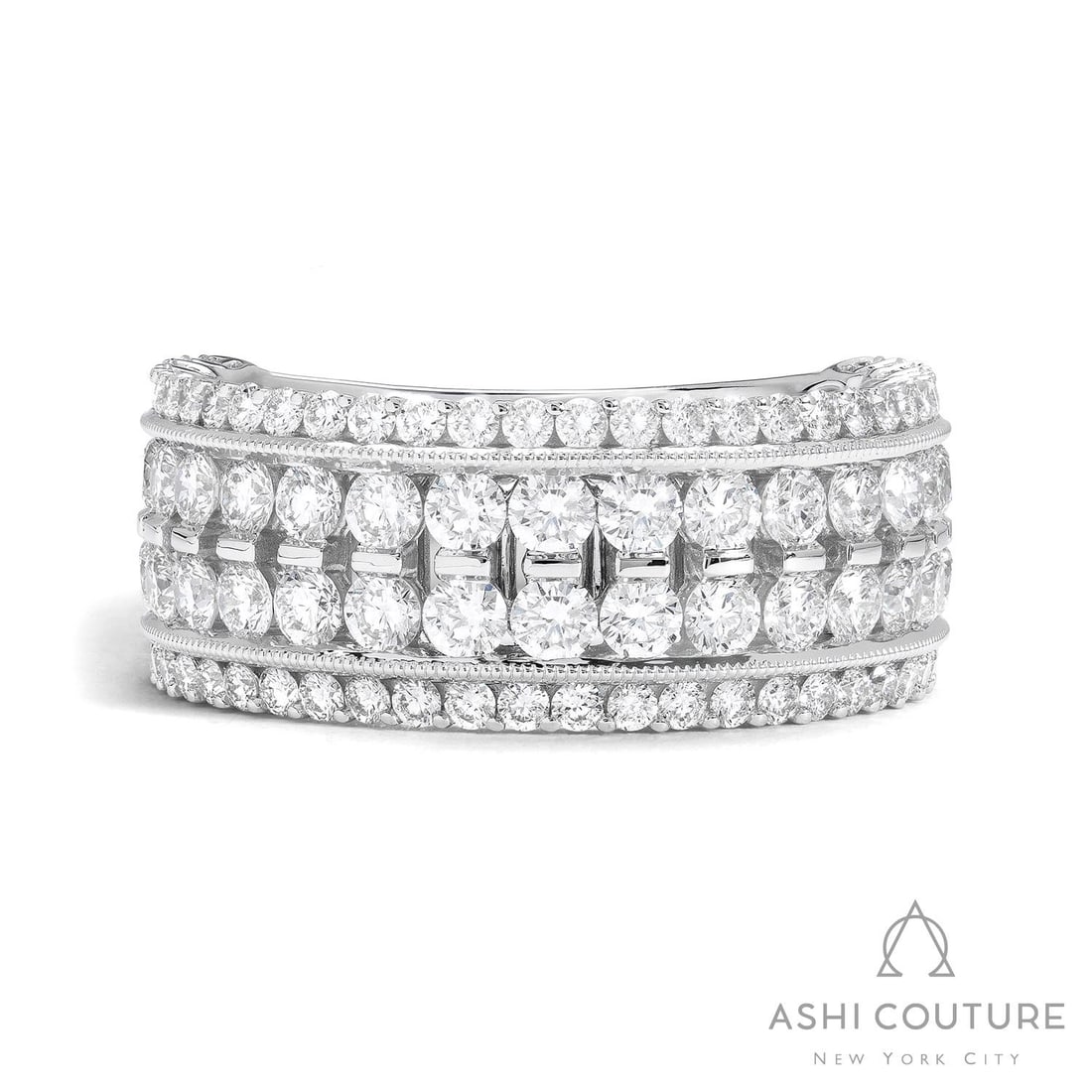 Duchess Classic 2.36 ctw Diamond 4-Row 18K White Gold Band Ring: Exuding opulence and grace, this breathtaking 4-Row ring featuring Natural Diamonds is crafted for the distinguished. Showcasing the gems in a Multi-Row Band arrangement, the ring consists of 8.5 gram