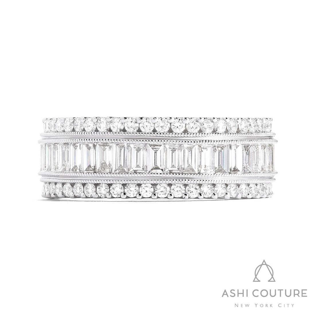 1.84 ctw Baguette & Round Diamond 18K White Gold Band Ring: Retail Value: $13,080 Exuding opulence and grace, this stunning Midjourney ring featuring White Diamond is crafted for the distinguished. The gemstones are nestled within a Multi-Row Band framework, s