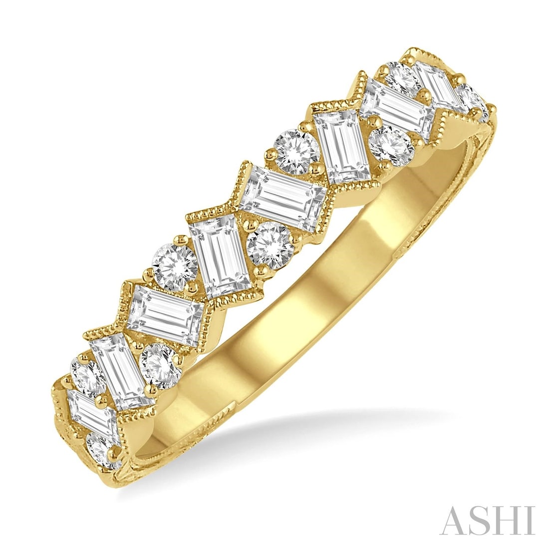 0.67 ctw Zigzag Baguette Diamond 14K Yellow Gold Band Ring: Exuding opulence and grace, this magnificent Zigzag Baguette band ring featuring White Diamond is crafted for the distinguished. Showcasing the gems in a Band arrangement, the band ring consists of 2.