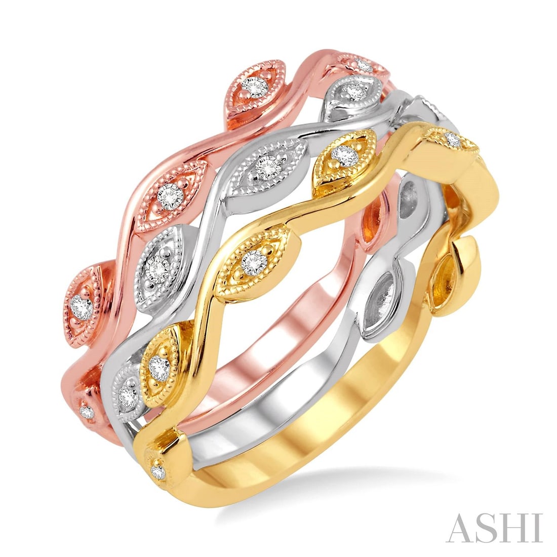 0.16 ctw Diamond Marquise Triple Band Set 14K Tri-Color Gold Ring: Epitomizing grandeur, this elegant Marquise Triple Band ring featuring Natural Diamonds stands as a beacon of refined taste. A detailed Pave gallery secures the stones, rendered in 5.5 grams of lustro