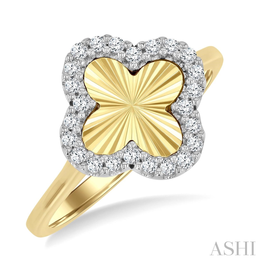 0.16 ctw Round Diamond Fluted Clover 10K Yellow & White Gold Ring: An exquisite masterpiece of haute joaillerie, this magnificent 4-Leaf Clover ring featuring White Diamond is a true treasure. Crafted with precision, the Halo setting is seamlessly integrated into 4.3