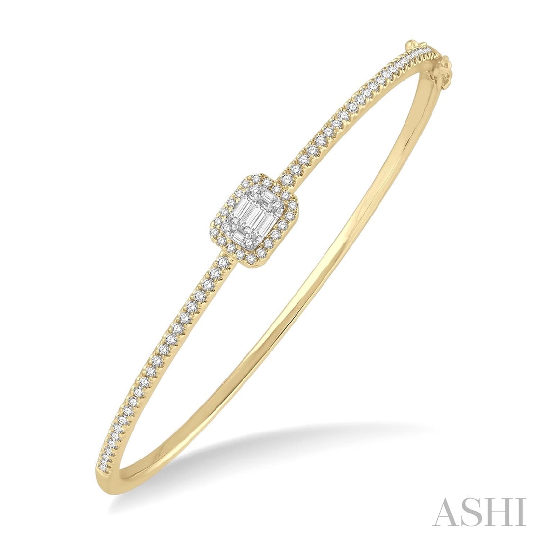 0.95 ctw Baguette and Round Cut Diamond 14K Yellow and White Gold Bangle: A testament to superior craftsmanship, this breathtaking Fusion bangle featuring Natural Diamonds is unparalleled. A detailed Halo gallery secures the stones, rendered in 10.7 grams of lustrous 14K Ye