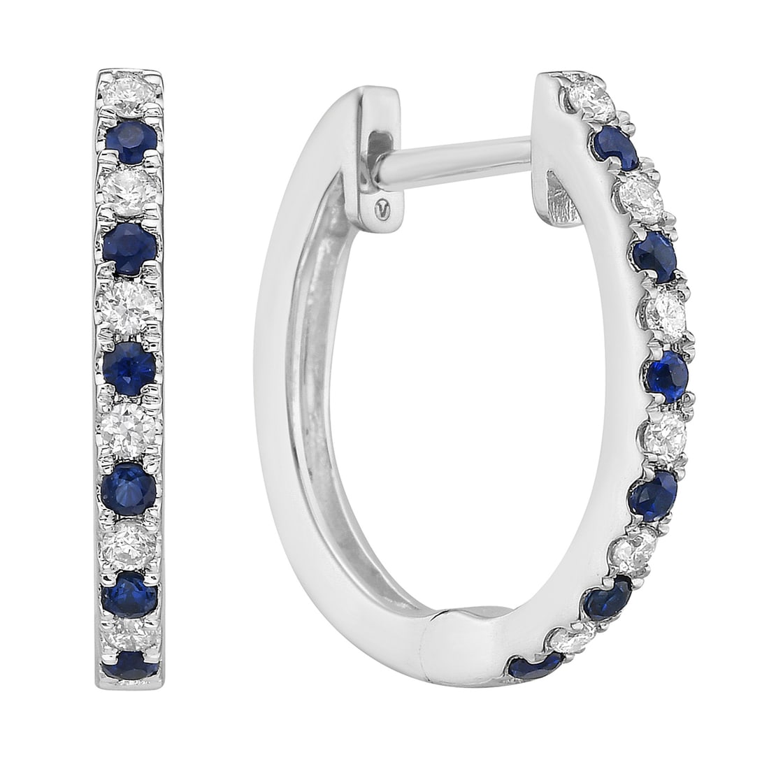 14K White Gold Hoop Earrings with Sapphires and Diamonds: A harmonious blend of elegance and sophistication, these exquisite Hoop Earrings feature a captivating arrangement of Sapphires and Diamonds. Crafted from lustrous 14K White Gold with a Rhodium finish