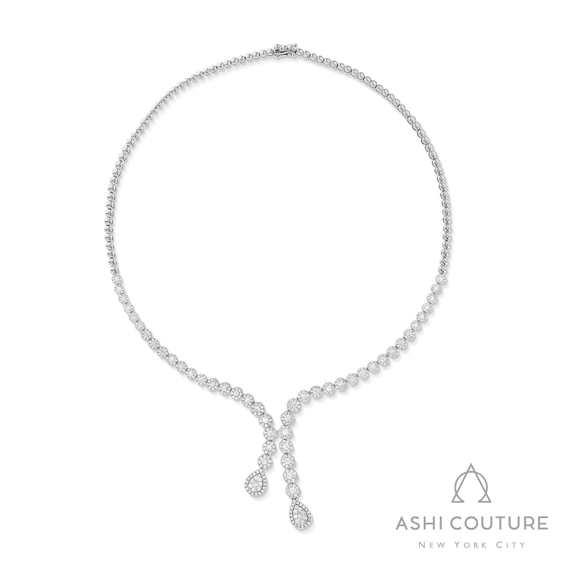 5.92 ctw Diamond Fiori Cluster Lariat 18K White Gold Necklace: Epitomizing grandeur, this magnificent Lariat Cluster necklace featuring White Diamond stands as a beacon of refined taste. A detailed Cluster gallery secures the stones, rendered in 28.0 grams of lus