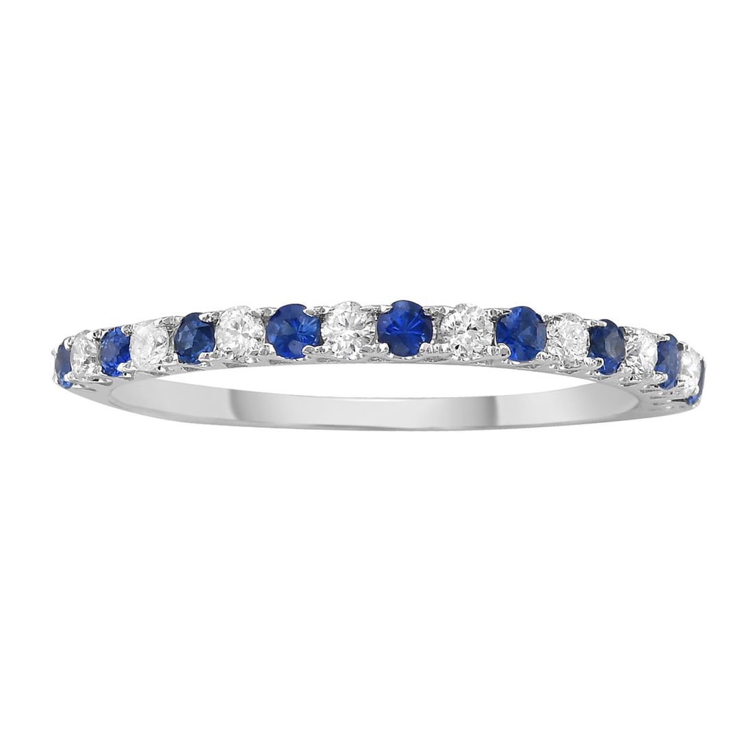 14K White Gold Band Ring with Diamonds and Blue Sapphires: A testament to superior craftsmanship, this exquisite band ring features a harmonious blend of White Diamonds and Blue Sapphires. The round-cut stones are meticulously set in lustrous 14K White Gold, 