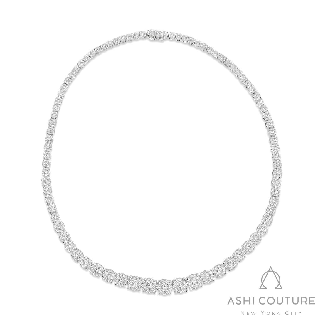 17in 15.08 ctw White Diamond Fiori Cluster 18K White Gold Necklace: Defining modern elegance, this exquisite Fiori Cluster necklace featuring White Diamonds captures the essence of style. Expertly mounted in a Cluster setting, the necklace is crafted in 43.5 grams of 