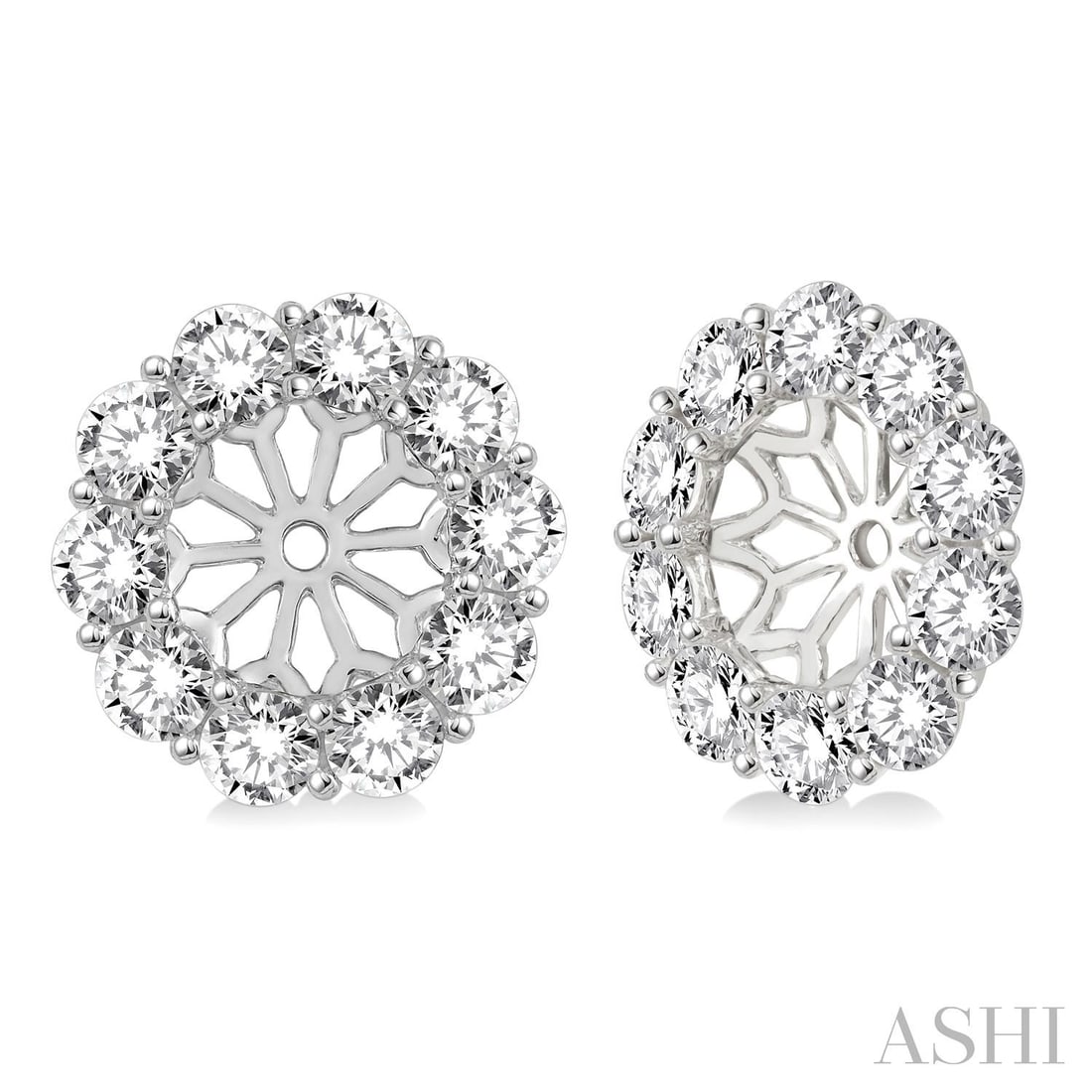 2.0 ctw Round Diamond Floral Earring Jackets in 14K White Gold: A vision of luxury, this stunning Floral pair of earrings featuring Natural Diamonds defines sophistication. The gemstones are nestled within a Halo framework, supported by a substantial 1.7 g 14K Whi