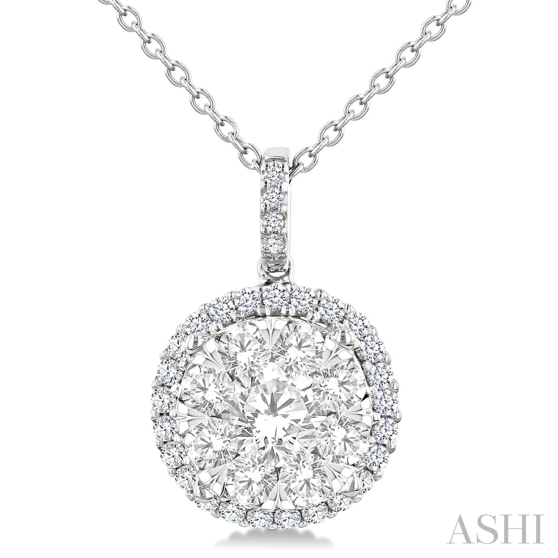 2.00 ctw Cluster Round Diamond Pendant 14K White Gold: Captured in a moment of brilliance, this stunning Cluster pendant featuring Natural Diamonds speaks to the connoisseur. Securely held in a classic Halo design, the pendant is forged from 3.75 grams of