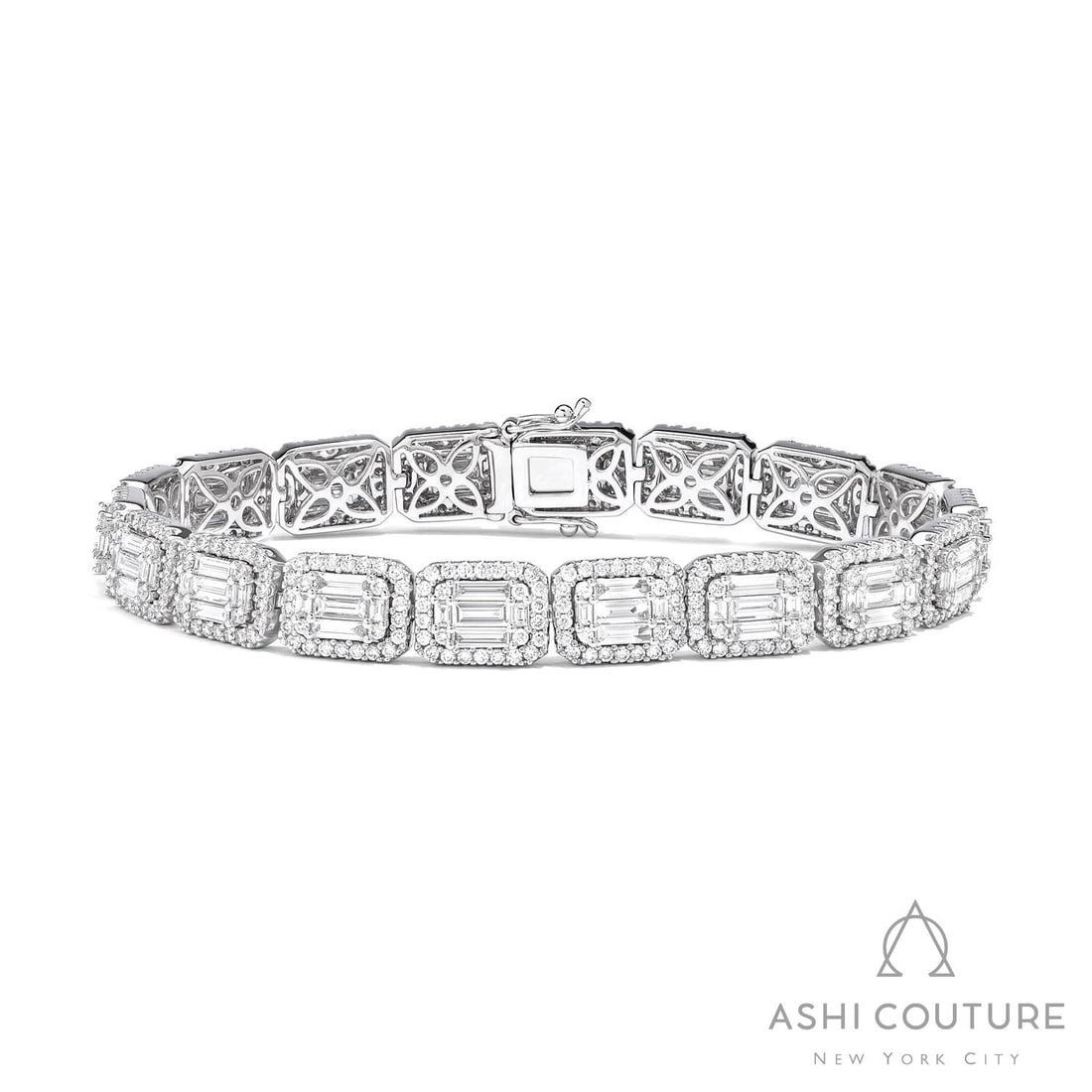 8.28 ctw Baguette and Round Diamond 18K White Gold Tennis Bracelet: An exquisite masterpiece of haute joaillerie, this breathtaking Baguette Cut bracelet featuring White Diamond is a true treasure. Showcasing the gems in a Halo arrangement, the bracelet consists of 27