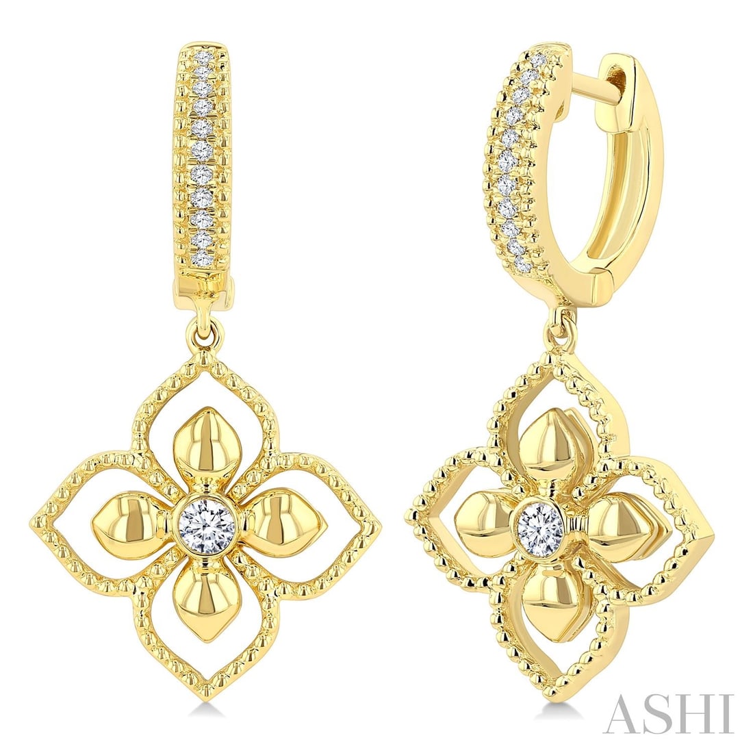 0.17 ctw Diamond Blossom Drop Earrings in 10K Yellow Gold: An exquisite masterpiece of haute joaillerie, this stunning Blossom pair of earrings featuring White Diamond is a true treasure. Crafted with precision, the Drop setting is seamlessly integrated into 