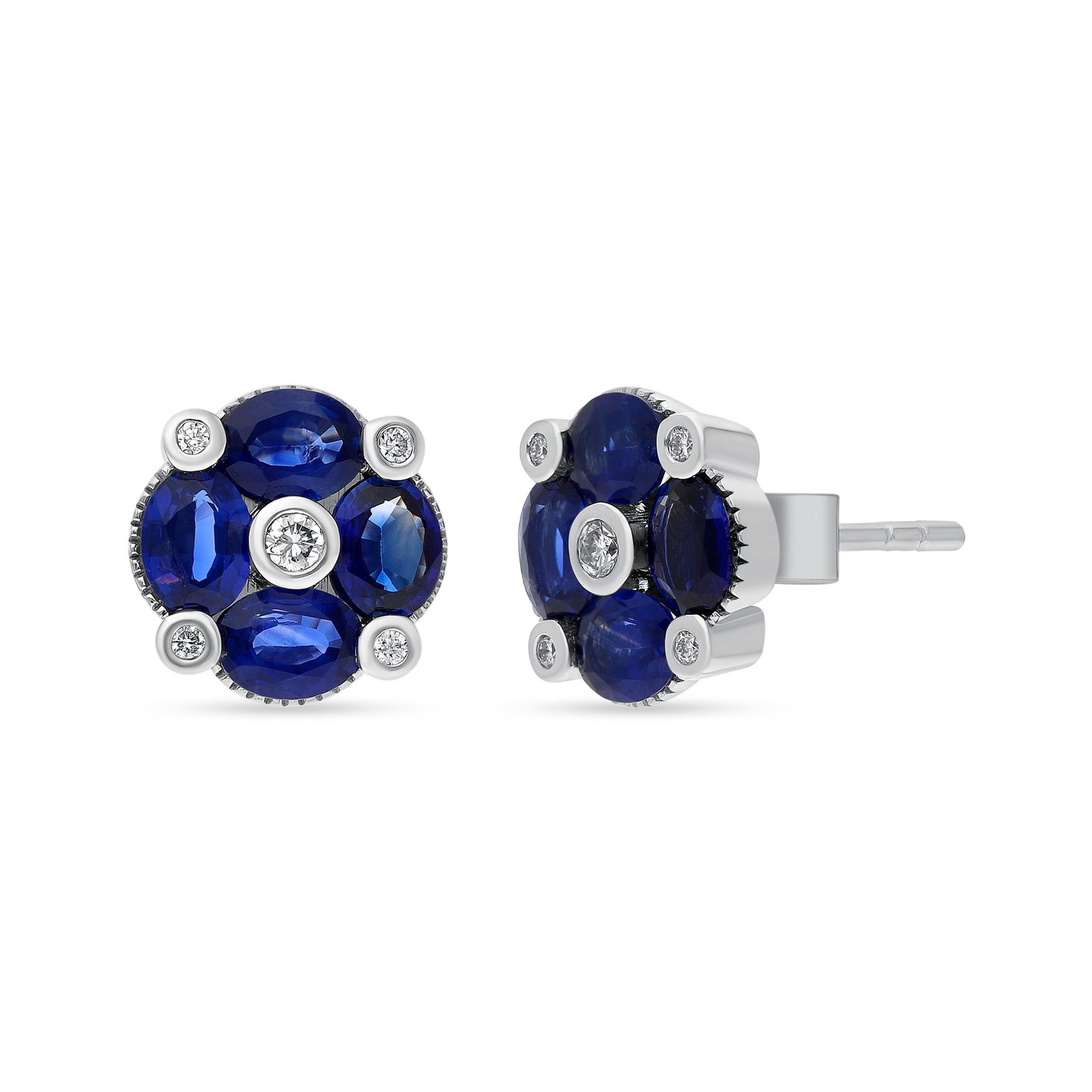 1.51ct Oval Blue Sapphire and 0.09ctw Diamond 18K White Gold Clover Studs: A vision of luxury, this elegant Clover pair of earrings featuring Blue Sapphire, White Diamond defines sophistication. Expertly mounted in a Cluster setting, the earrings are crafted in 0.0 g of soli