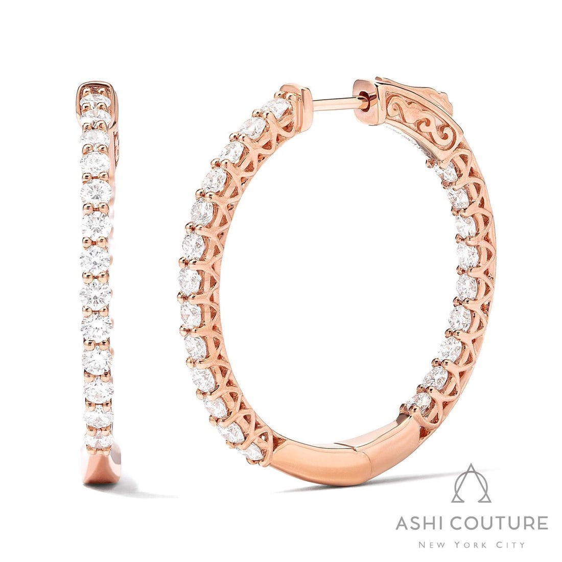 2.02 ctw Duchess Diamond Classic 18k Rose Gold Hoop Earrings: Retail Value: $12,360 Captured in a moment of brilliance, this magnificent Classic pair of earrings featuring White Diamond speaks to the connoisseur. Crafted with precision, the Shared Prong Hoop set