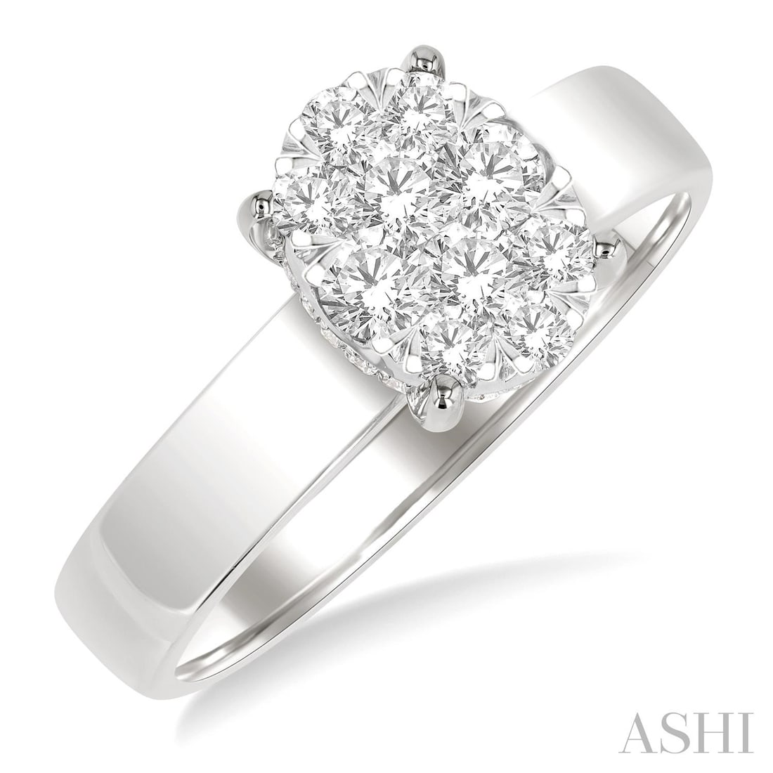 0.55 ctw Diamond Cluster 14K White Gold Ring: A symphony of light and color, this magnificent Bold Shank Oval Shaped Cluster ring featuring White Diamond embodies the pinnacle of luxury. Expertly mounted in a Cluster setting, the ring is crafted 