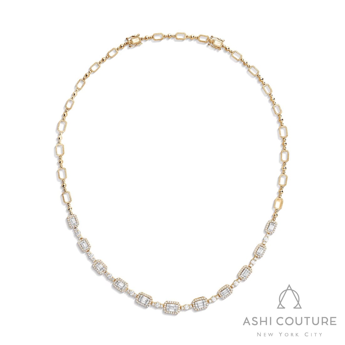 4.09 ctw Baguette & Round Diamond Station 18K Yellow & White Gold Necklace: Epitomizing grandeur, this exquisite Station necklace featuring White Diamond stands as a beacon of refined taste. Showcasing the gems in a Station arrangement, the necklace consists of 29.25 grams of