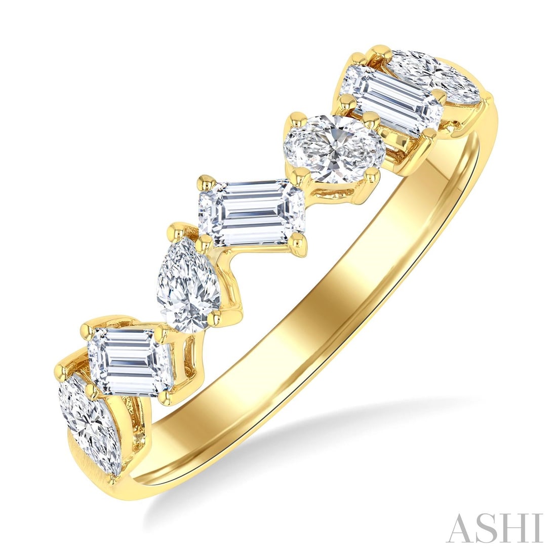 0.81 ctw Mixed Shape Diamond Fashion Band 14K Yellow Gold Ring: Defining modern elegance, this stunning Mixed Shape ring featuring White Diamond captures the essence of style. Expertly mounted in a Fashion Band setting, the ring is crafted in 2.4 grams of solid 14