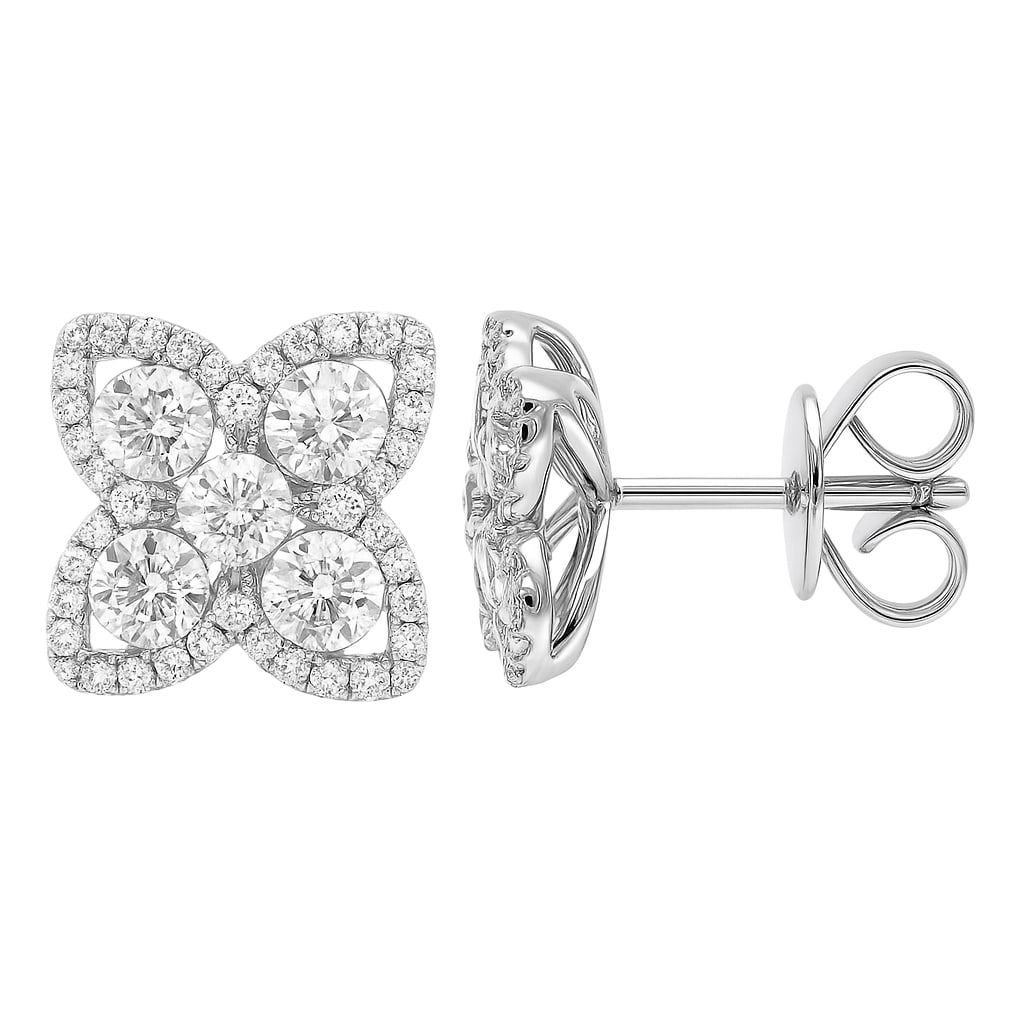 14k White Gold Diamond Stud Earrings 0.93ct SI1 H Floral Design: In a display of refined elegance, these exquisite stud earrings feature a captivating arrangement of round diamonds. The diamonds, with a total carat weight of 0.93, are set in a delicate floral patte