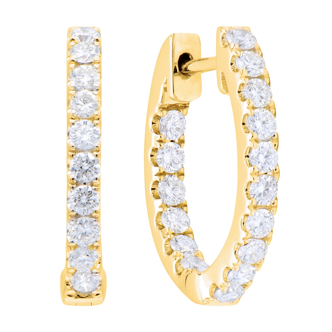 14k Yellow Gold Hoop Earrings with 0.82ct Diamonds: In a display of refined elegance, this exquisite pair of Hoop Earrings featuring Diamonds captivates the discerning eye. The round-cut diamonds, with a total carat weight of 0.82, are set in a sleek 1