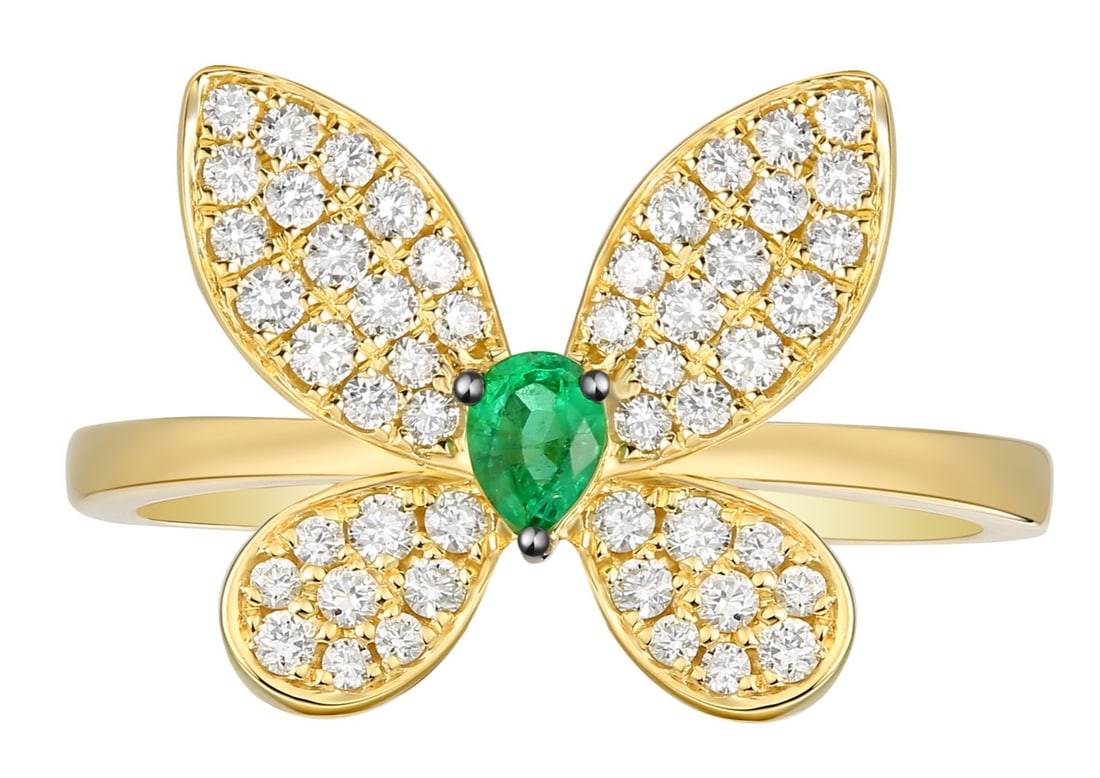 0.11ct Emerald and 0.38ctw Diamond 14K Yellow Gold Butterfly Ring: A vision of luxury, this exquisite Butterfly ring featuring Emerald, White Diamond defines sophistication. Expertly mounted in a Figurative setting, the ring is crafted in solid 14K Yellow Gold. This 