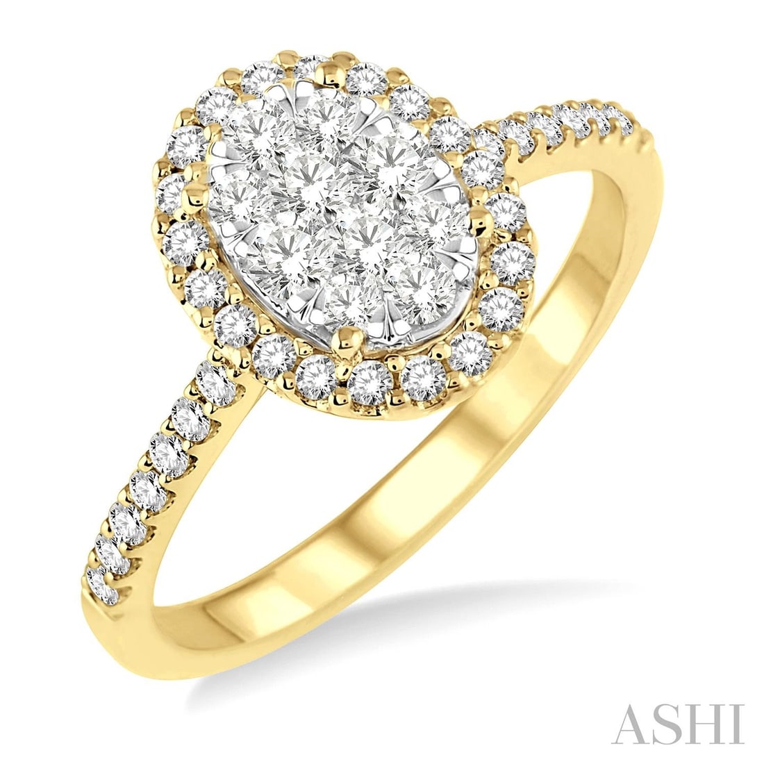 0.74 ctw Oval Cluster Diamond 14K Yellow & White Gold Ring: Defining modern elegance, this elegant Oval Cluster ring featuring White Diamond captures the essence of style. Securely held in a classic Cluster design, the ring is forged from 3.15 grams of high-po