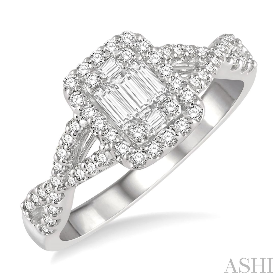 0.51 ctw Fusion Diamond Entwined Shank 14K White Gold Ring: Rare and radiant, this magnificent Entwined Shank ring featuring Natural Diamonds offers a touch of the extraordinary. A detailed Halo gallery secures the stones, rendered in 4.35 grams of lustrous 14