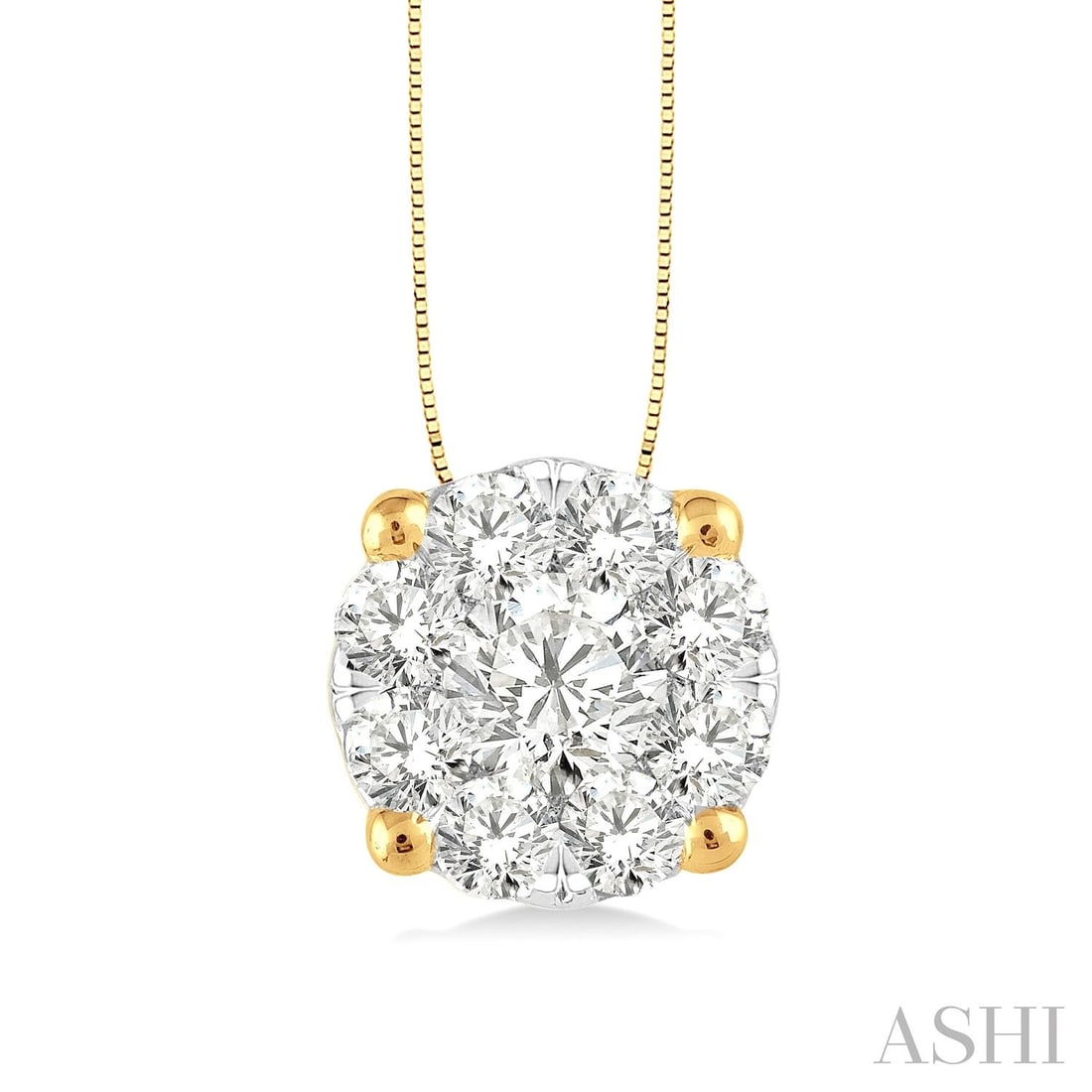 1.04 ctw Cluster Round Diamond 14K Yellow & White Gold Pendant: A testament to superior craftsmanship, this stunning Cluster pendant featuring White Diamond is unparalleled. Showcasing the gems in a Cluster arrangement, the pendant consists of 1.7 grams of 14K Yel