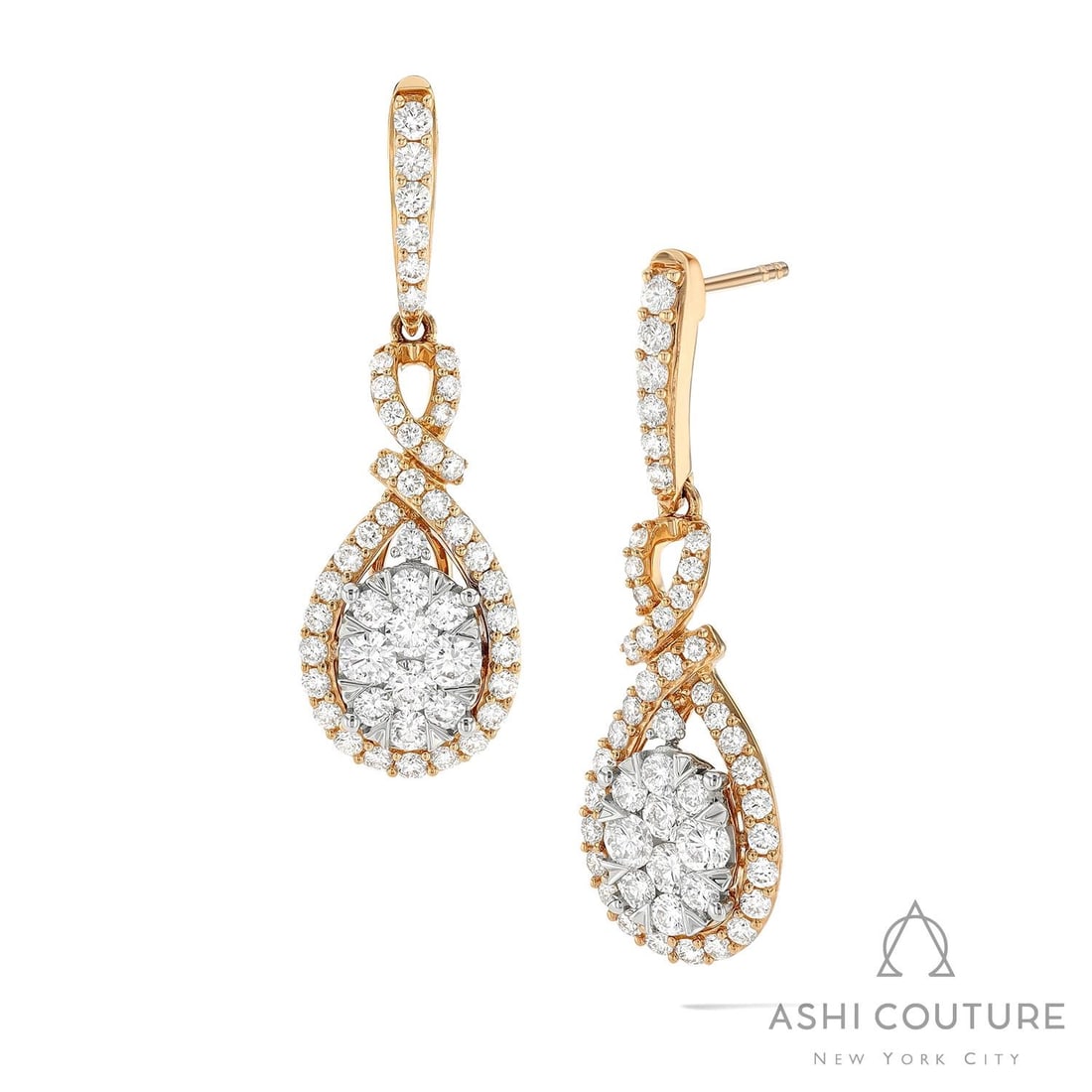 1.71 ctw White Diamond Fiori Cluster 18K Yellow & White Gold Earrings: Timeless and sophisticated, this stunning Intertwined Cluster pair of earrings featuring White Diamond radiates enduring beauty. Securely held in a classic Cluster/Halo Drop design, the earrings are f