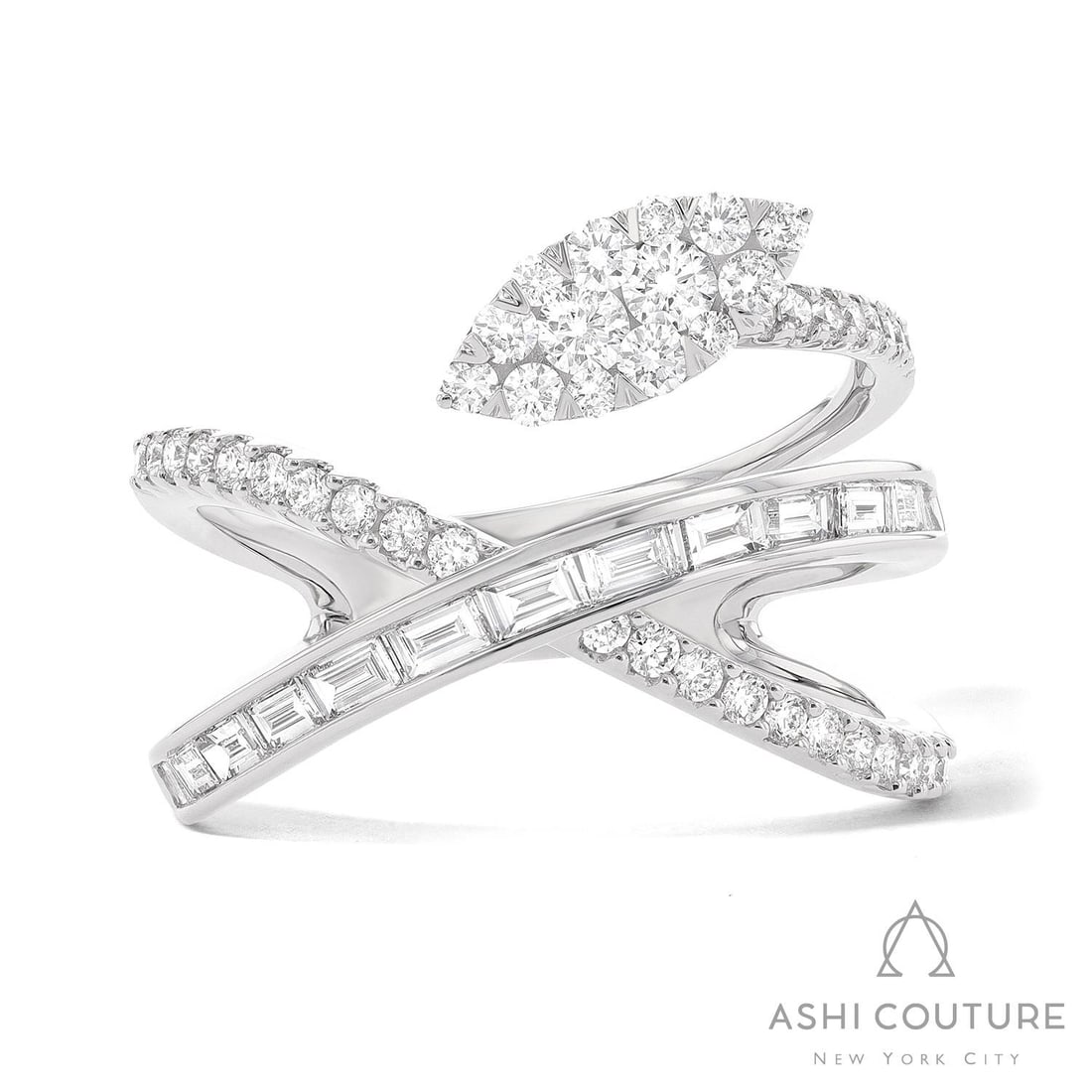 0.99 ctw Diamond Fiori Cluster 18K White Gold Ring Size 7: A symphony of light and color, this magnificent Cluster ring featuring White Diamond embodies the pinnacle of luxury. Expertly mounted in a Bypass setting, the ring is crafted in 5.0 grams of solid 18