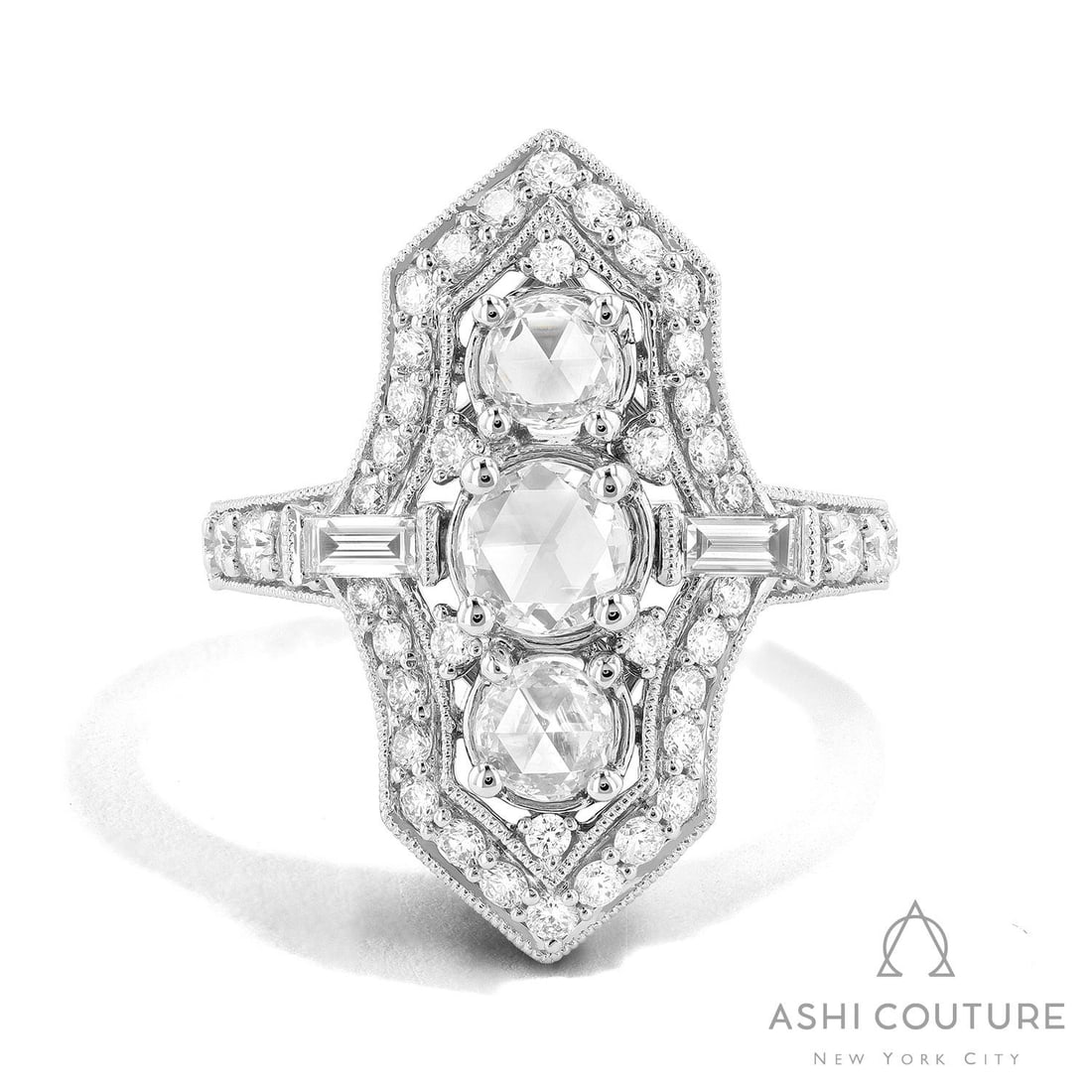 Mademoiselle Vintage 2.01 ctw Diamond 18K White Gold Ring: Captured in a moment of brilliance, this exquisite Vintage ring featuring White Diamond speaks to the connoisseur. The gemstones are nestled within a Three-Stone framework, supported by a substantial 