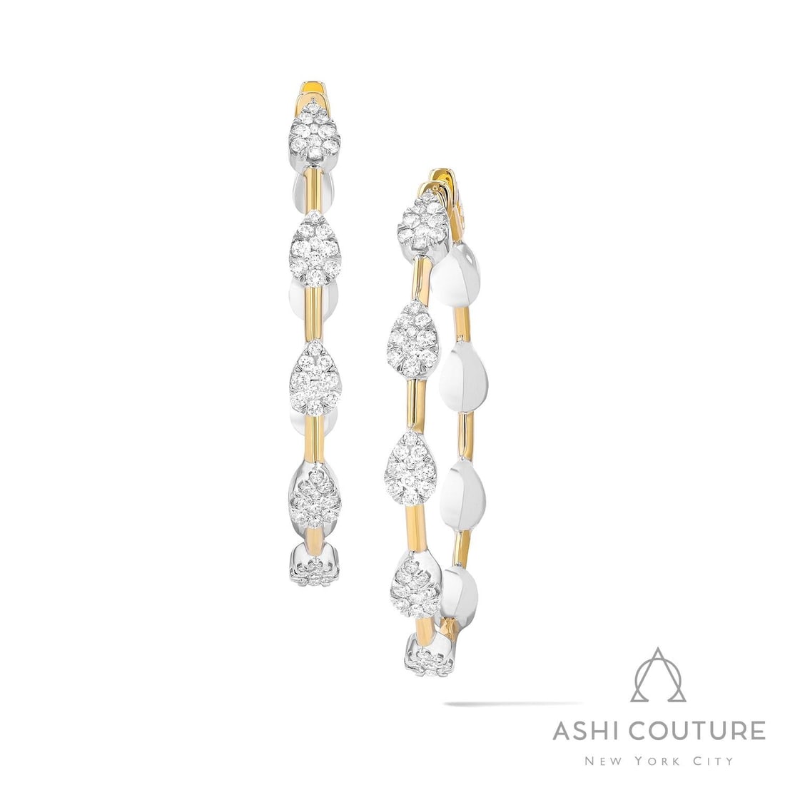 1.82 ctw Diamond Fiori Pear Bar Hoop Cluster 18K Yellow & White Gold Earrings: Rare and radiant, this breathtaking Fiori Pear Bar Hoop Cluster pair of earrings featuring Natural Diamonds offers a touch of the extraordinary. A detailed Cluster gallery secures the stones, rendered
