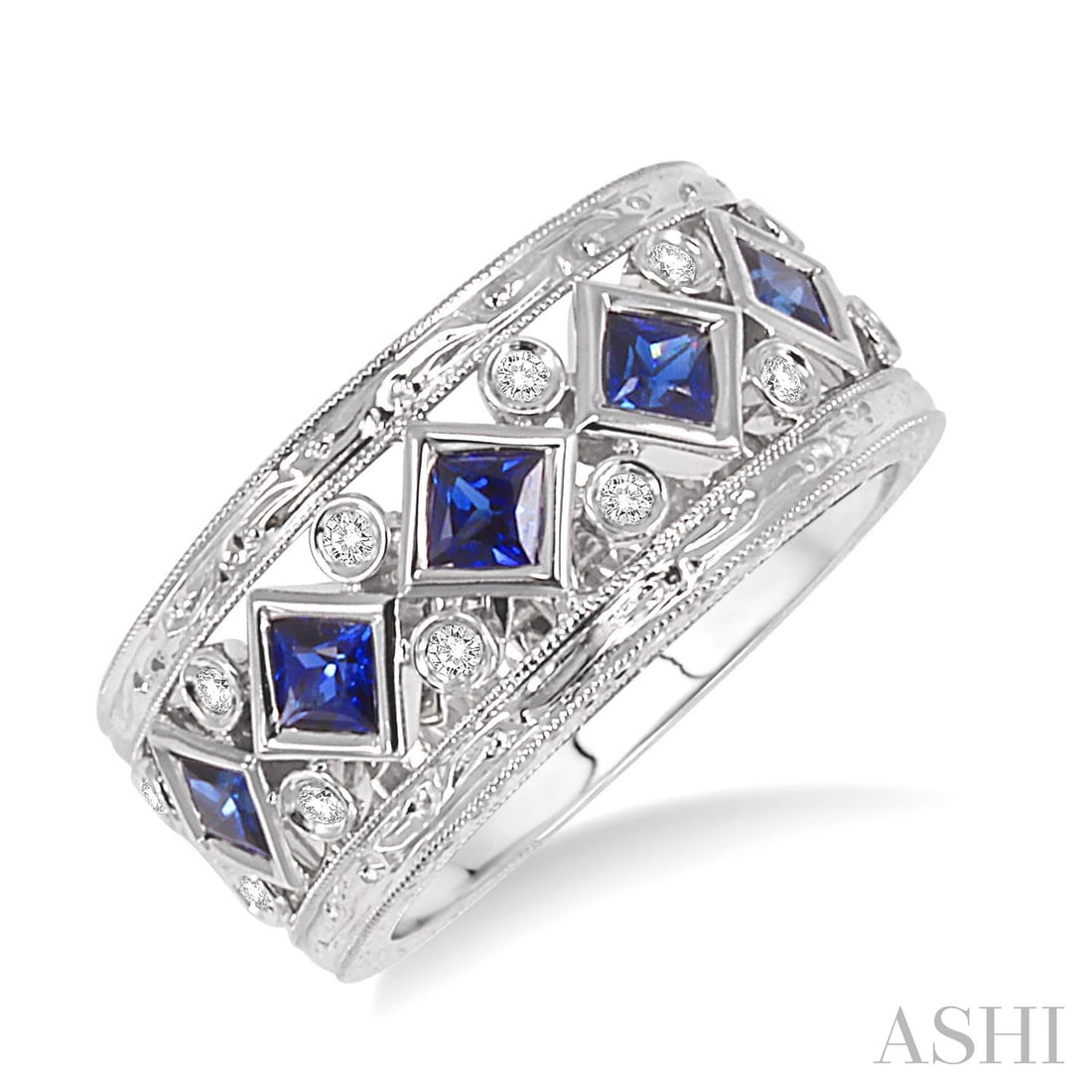 3x3mm Blue Sapphire and 0.24 ctw White Diamond 14K White Gold Band Ring: Defining modern elegance, this magnificent Milgrain Fashion Band band ring featuring Blue Sapphire, White Diamond captures the essence of style. The gemstones are nestled within a Band framework, supp