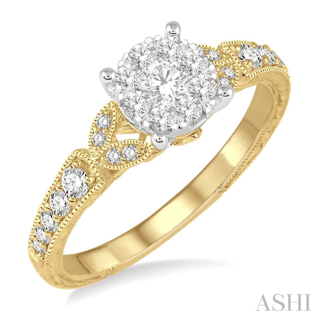 0.51 ctw Diamond Cluster Engagement Ring 14K Yellow & White Gold: Rare and radiant, this breathtaking Cluster Engagement ring featuring White Diamond offers a touch of the extraordinary. Crafted with precision, the Cluster setting is seamlessly integrated into 2.9 g