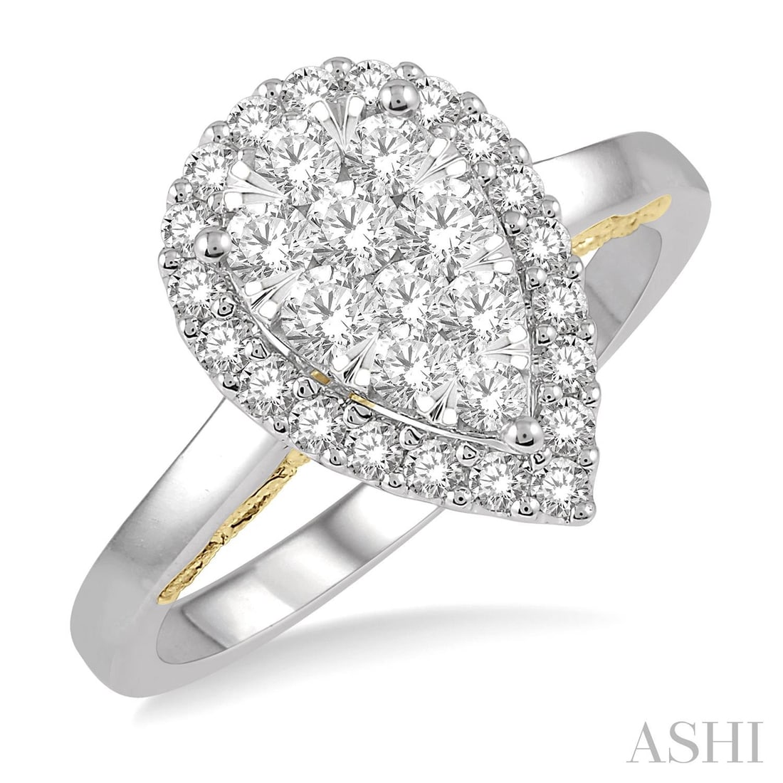 0.77 ctw Pear Shape Cluster Diamond 14K White & Yellow Gold Ring: A vision of luxury, this magnificent Pear Shape Cluster ring featuring Natural Diamonds defines sophistication. Securely held in a classic Cluster design, the ring is forged from 4.3 grams of high-pol