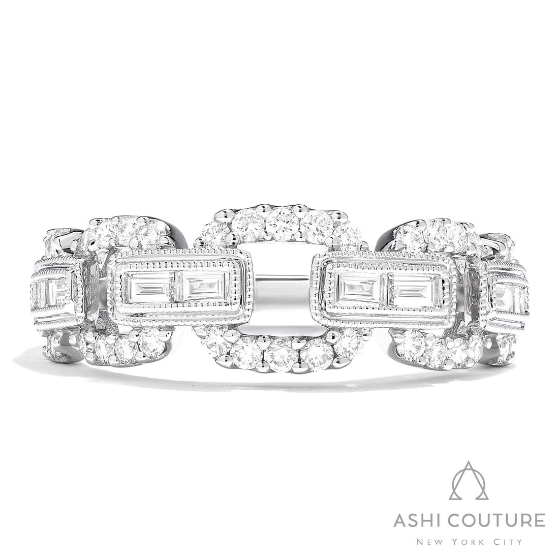 0.69 ctw Diamond Baguette Link 18K White Gold Band Ring: Retail Value: $5,955 A vision of luxury, this exquisite Baguette Link ring featuring Natural White Diamonds defines sophistication. A detailed Link Band gallery secures the stones, rendered in 4.15 gr