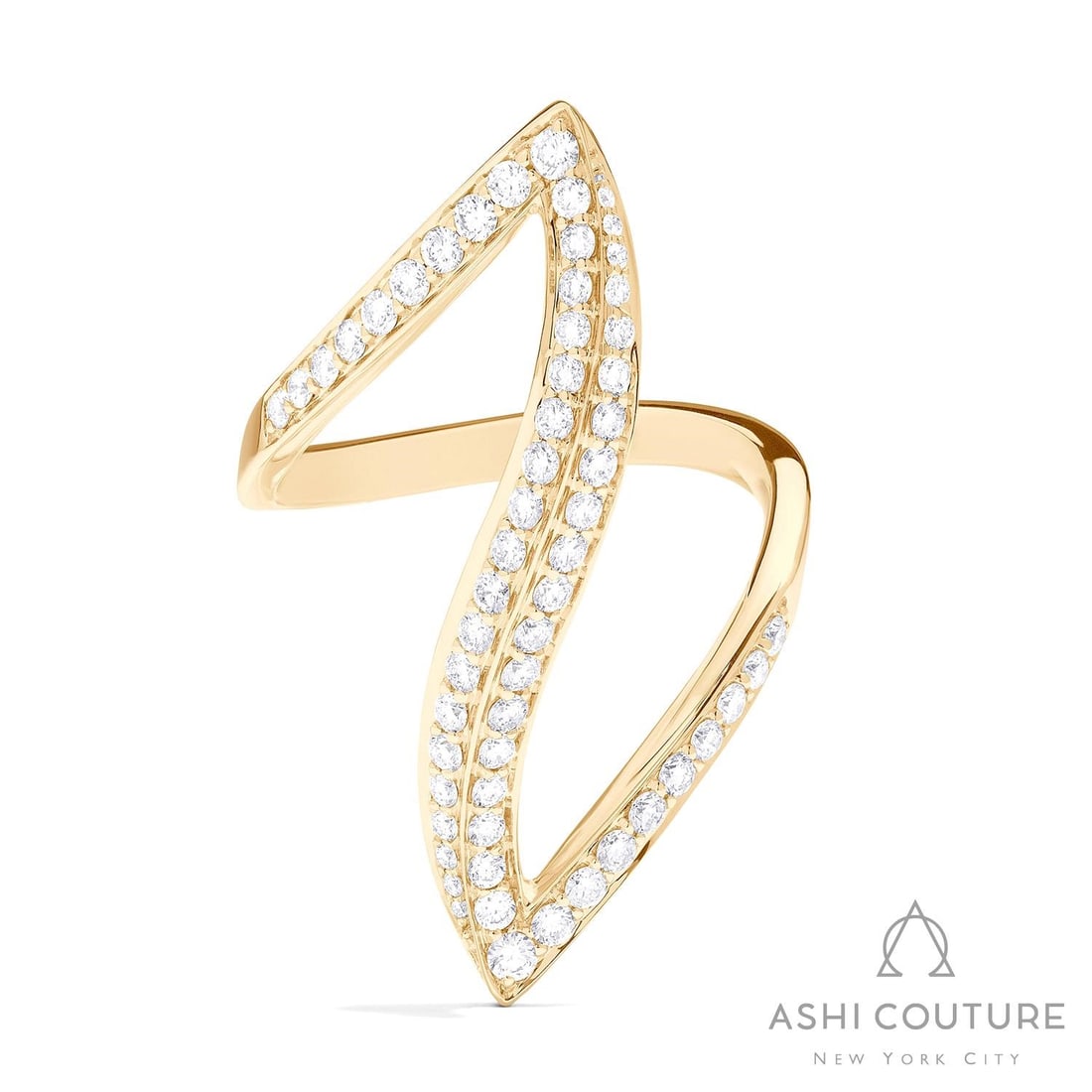 0.77 ctw Pave Diamond Duchess Curve 18K Yellow Gold Ring: Defining modern elegance, this stunning Duchess Curve ring featuring White Diamond captures the essence of style. The gemstones are nestled within a Bypass framework, supported by a substantial 5.9 gr
