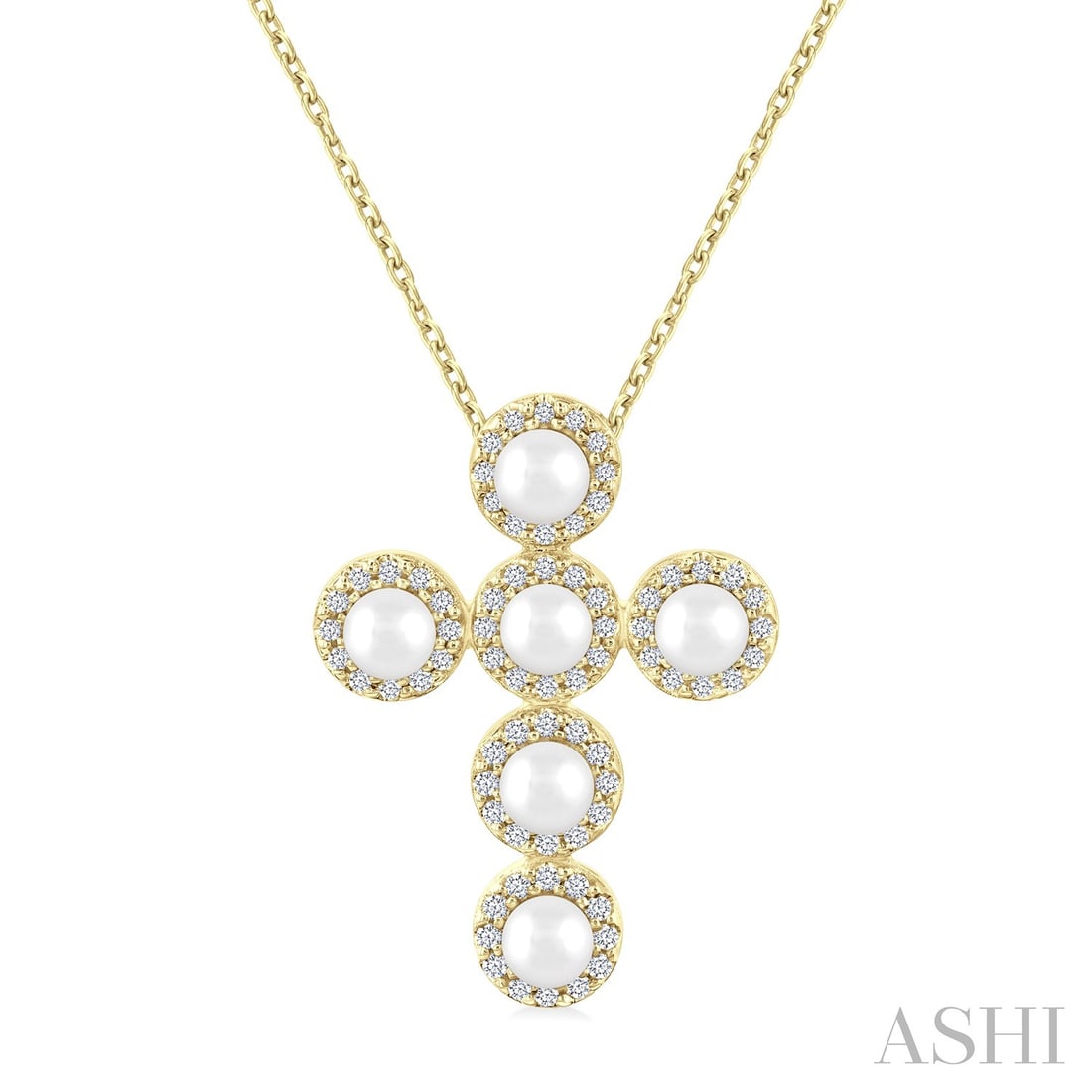 4mm Cultured Pearl and 0.25 ctw Diamond Cross 14K Yellow Gold Pendant: Timeless and sophisticated, this elegant Cross necklace featuring Cultured Pearl, White Diamond radiates enduring beauty. Securely held in a classic Halo design, the necklace is forged from 2.2 grams 