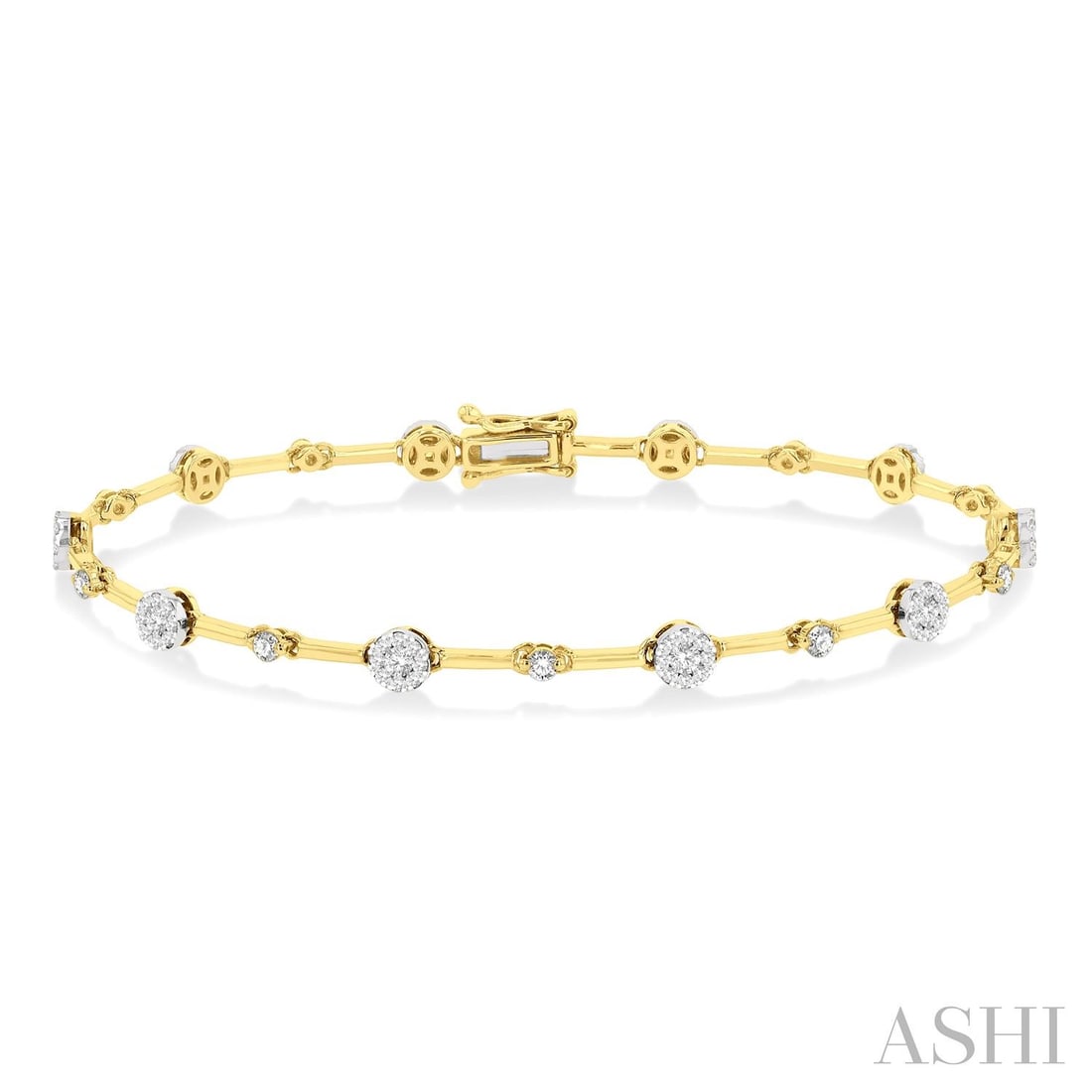 1.02 ctw Diamond Cluster 14K Yellow & White Gold Bracelet: Captured in a moment of brilliance, this magnificent Cluster bracelet featuring Natural Diamonds speaks to the connoisseur. Expertly mounted in a Cluster setting, the bracelet is crafted in 5.0 grams 