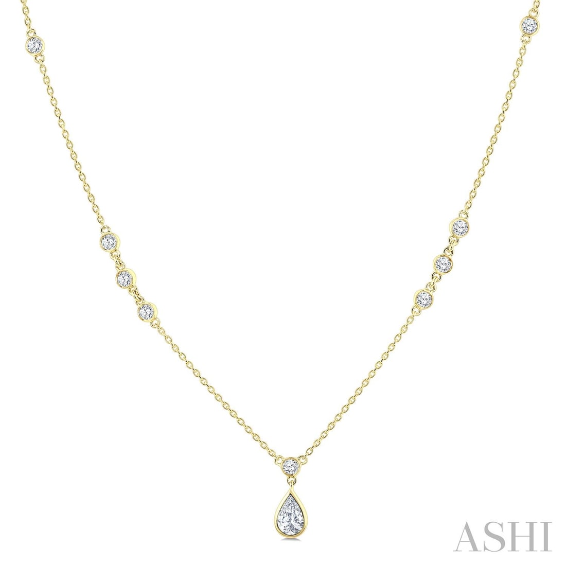 0.57 ctw Pear & Round Diamond Bezel Drop 14K Yellow Gold Necklace: Epitomizing grandeur, this elegant Bezel Drop necklace featuring White Diamond stands as a beacon of refined taste. Showcasing the gems in a Station/Drop Pendant arrangement, the necklace consists of 