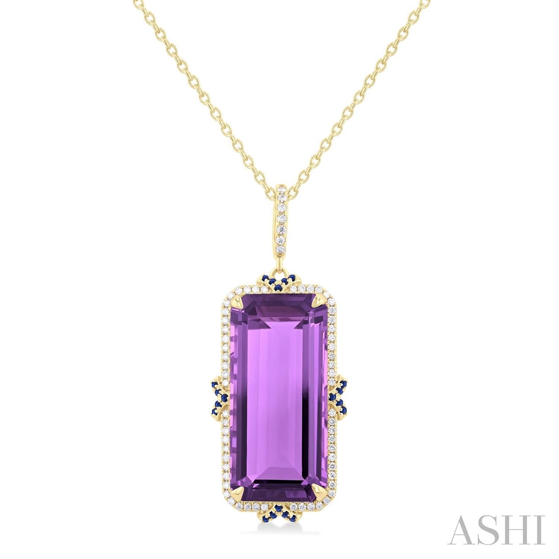 22x10mm Amethyst, Sapphire, and 0.22 ctw Diamond Halo 14K Yellow Gold Pendant: Exuding opulence and grace, this magnificent Halo pendant featuring Amethyst, White Diamond, Blue Sapphire is crafted for the distinguished. A detailed Halo gallery secures the stones, rendered in 4.3