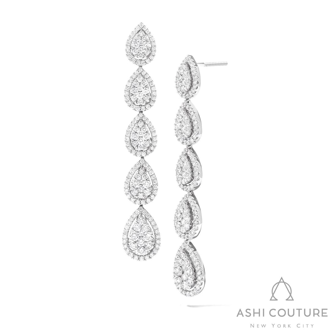 4.08 ctw White Diamond Fiori Graduating Drop 18K White Gold Earrings: Defining modern elegance, this breathtaking Fiori Graduating Drop pair of earrings featuring White Diamond captures the essence of style. Securely held in a classic Cluster/Halo design, the earrings a