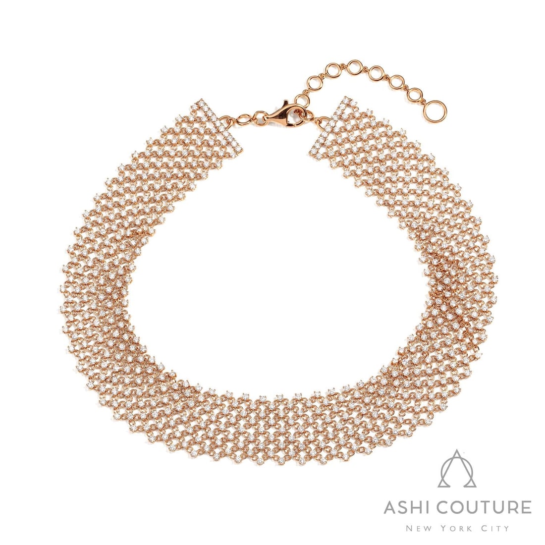 12.82 ctw White Diamond 18K Rose Gold Silk Choker Necklace: Captured in a moment of brilliance, this breathtaking Flexible Mesh necklace featuring White Diamond speaks to the connoisseur. Securely held in a classic Flexible Mesh/Woven Structure design, the nec