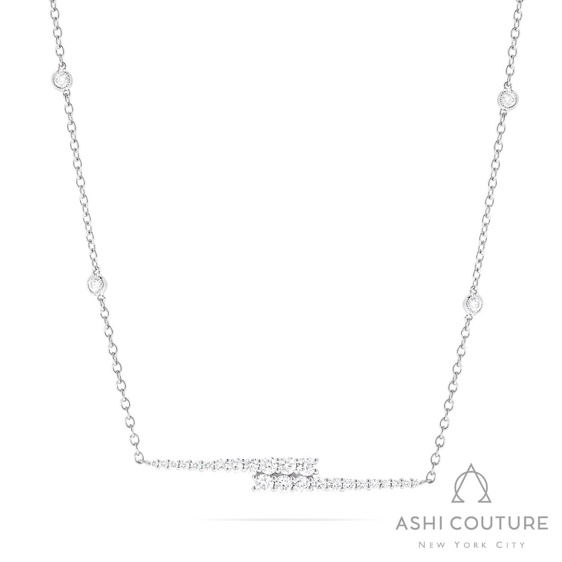 0.96 ctw Pave Criss-Cross Diamond 18K White Gold Necklace: A testament to superior craftsmanship, this breathtaking Criss-Cross necklace featuring Natural Diamonds is unparalleled. Showcasing the gems in a Pave Bar arrangement, the necklace consists of 1.05 g