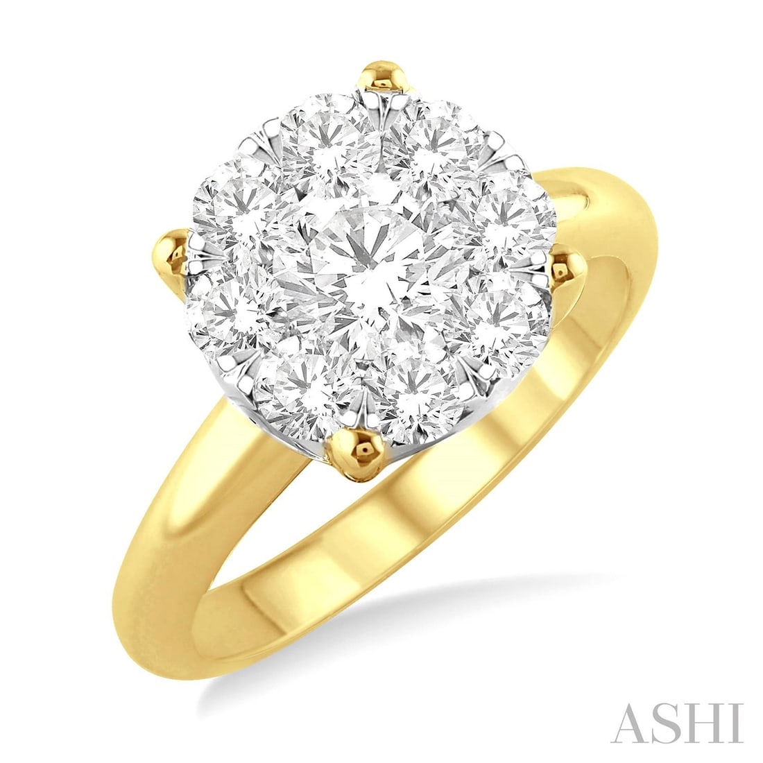 1.50 ctw Cluster White Diamond 14K Yellow and White Gold Ring: Exuding opulence and grace, this magnificent Cluster ring featuring White Diamond is crafted for the distinguished. Showcasing the gems in a Cluster arrangement, the ring consists of 4.45 grams of 14K