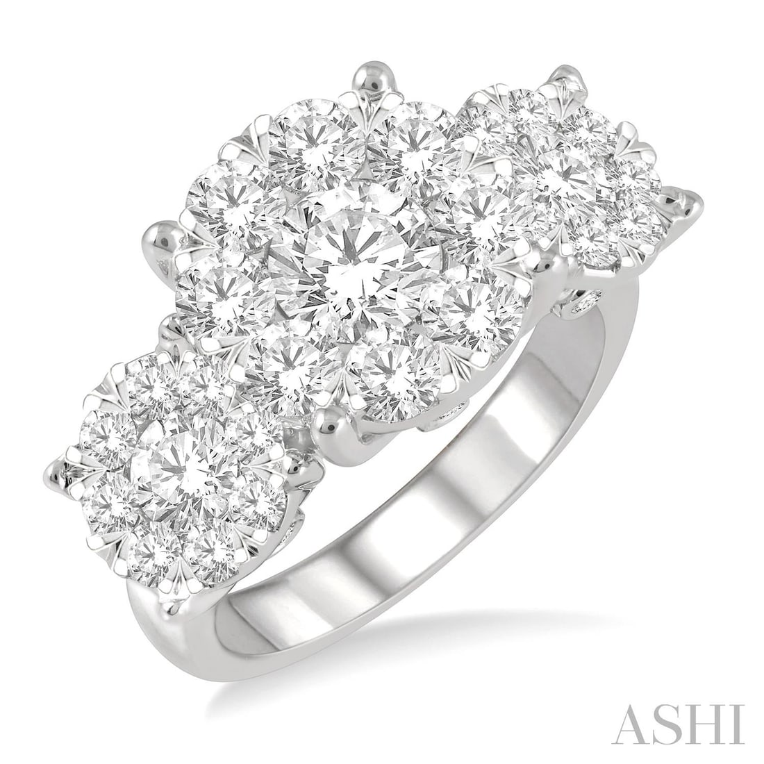3.04 ctw Cluster Diamond 14K White Gold Ring: A testament to superior craftsmanship, this exquisite Three-Stone Cluster ring featuring White Diamond is unparalleled. A detailed Three-Stone Cluster gallery secures the stones, rendered in 7.65 g of