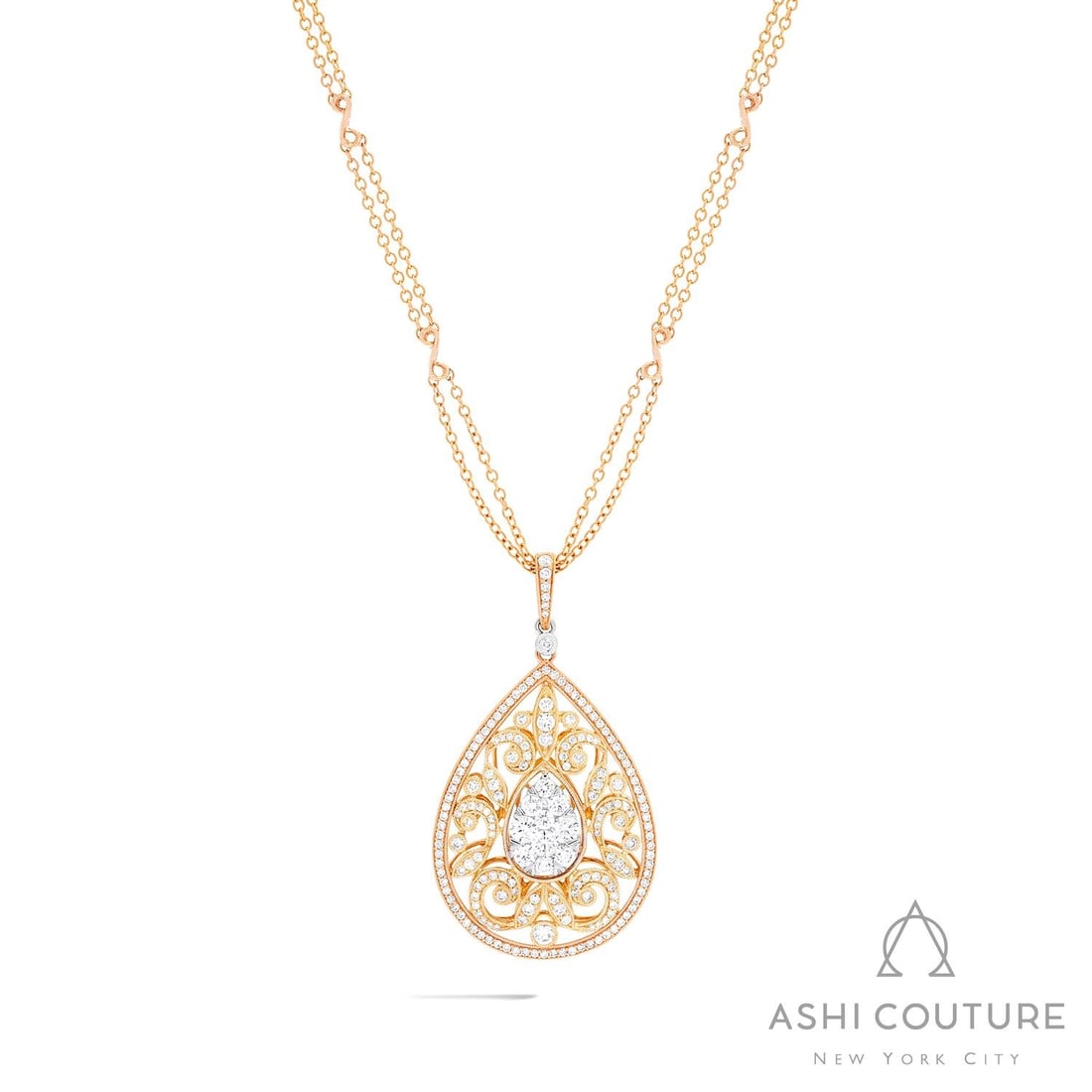 2.39 ctw Pear Cluster Diamond 18K Tri-Color Gold Pendant Necklace: A testament to superior craftsmanship, this magnificent Pear Cluster pendant necklace featuring White Diamond is unparalleled. Crafted with precision, the Cluster setting is seamlessly integrated into