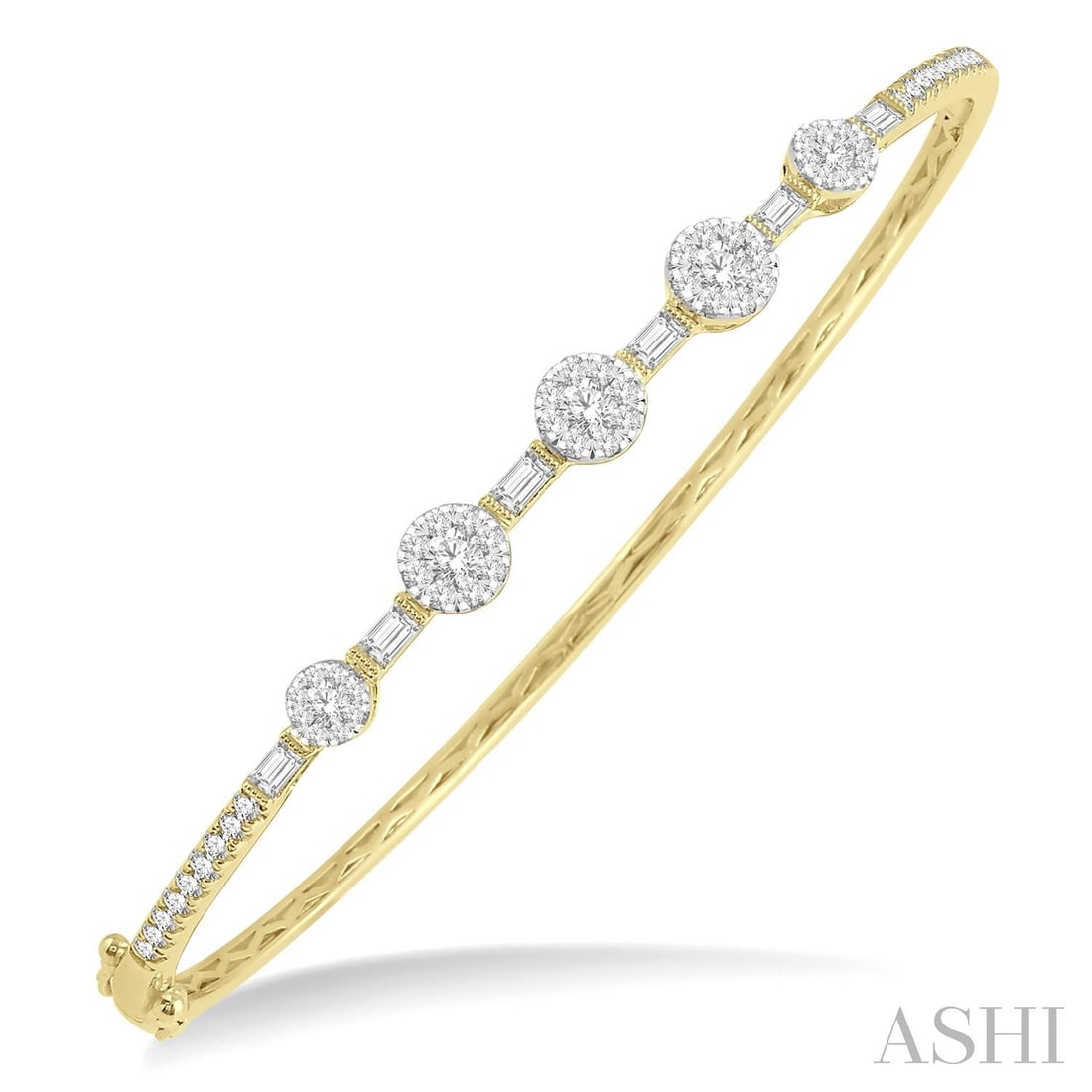 1.11 ctw Diamond Cluster Baguette 14K Yellow & White Gold Bangle: Timeless and sophisticated, this stunning Cluster bangle featuring White Diamond radiates enduring beauty. Expertly mounted in a Cluster setting, the bangle is crafted in 9.3 grams of solid 14K Yellow
