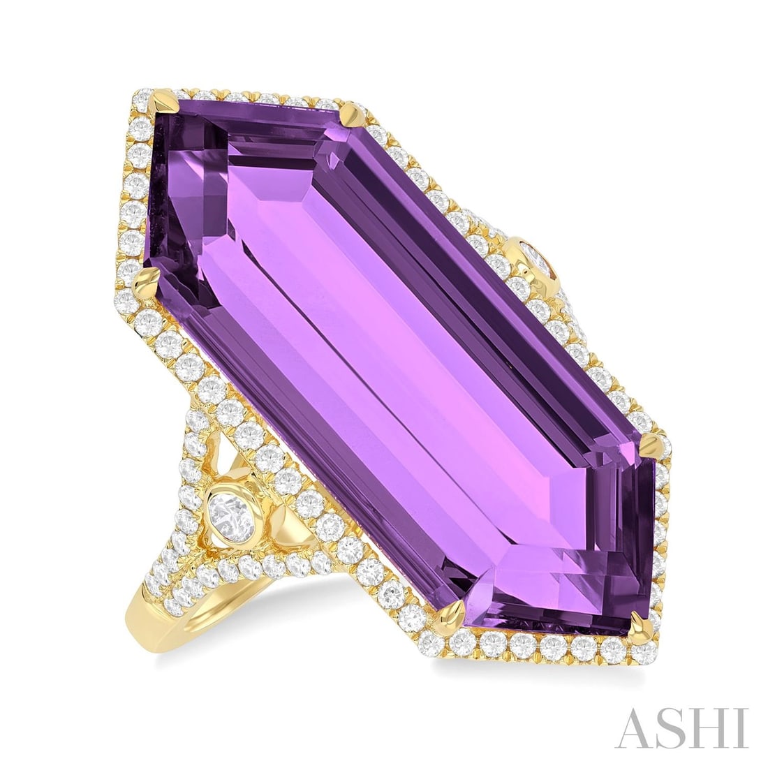 26x10mm Amethyst and 0.54 ctw Diamond 14K Yellow Gold Ring: An exquisite masterpiece of haute joaillerie, this magnificent Hexagon Halo ring featuring Amethyst, White Diamond is a true treasure. Showcasing the gems in a Halo arrangement, the ring consists of 4