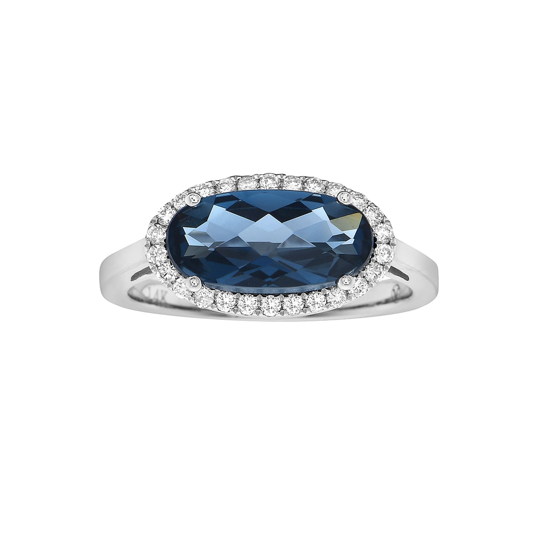14k White Gold Halo Ring with Blue Topaz and Diamond: Exuding sophistication and allure, this exquisite Halo ring featuring Blue Topaz and Diamond is crafted for the discerning. Showcasing the gems in a Halo arrangement, the ring consists of 14k White Go