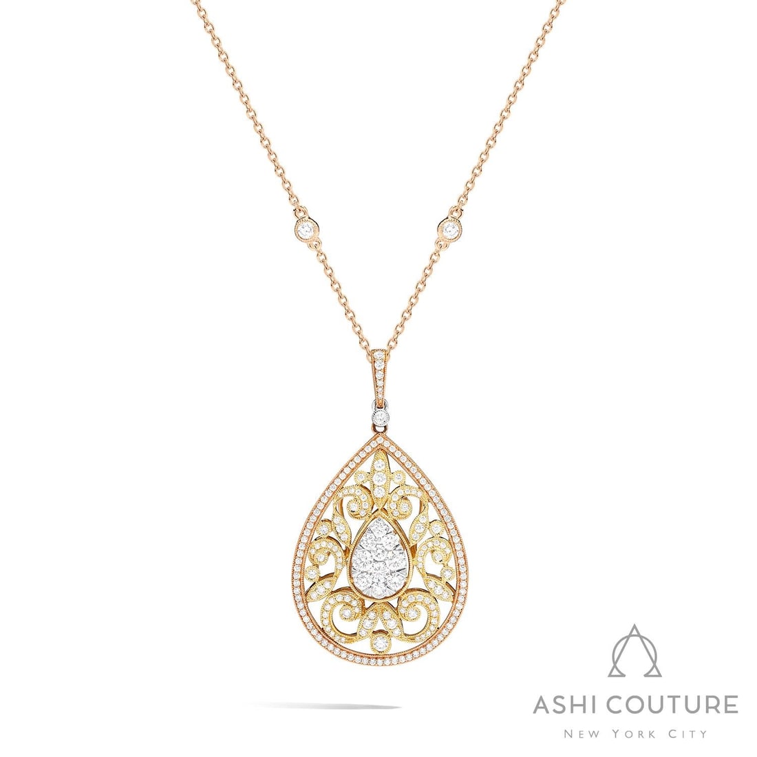 1.33 ctw Pear Cluster Diamond Fiori 18K Tri-Color Gold Pendant: Captured in a moment of brilliance, this stunning Cluster pendant necklace featuring Natural Diamonds speaks to the connoisseur. The gemstones are nestled within a Cluster/Halo framework, supported by