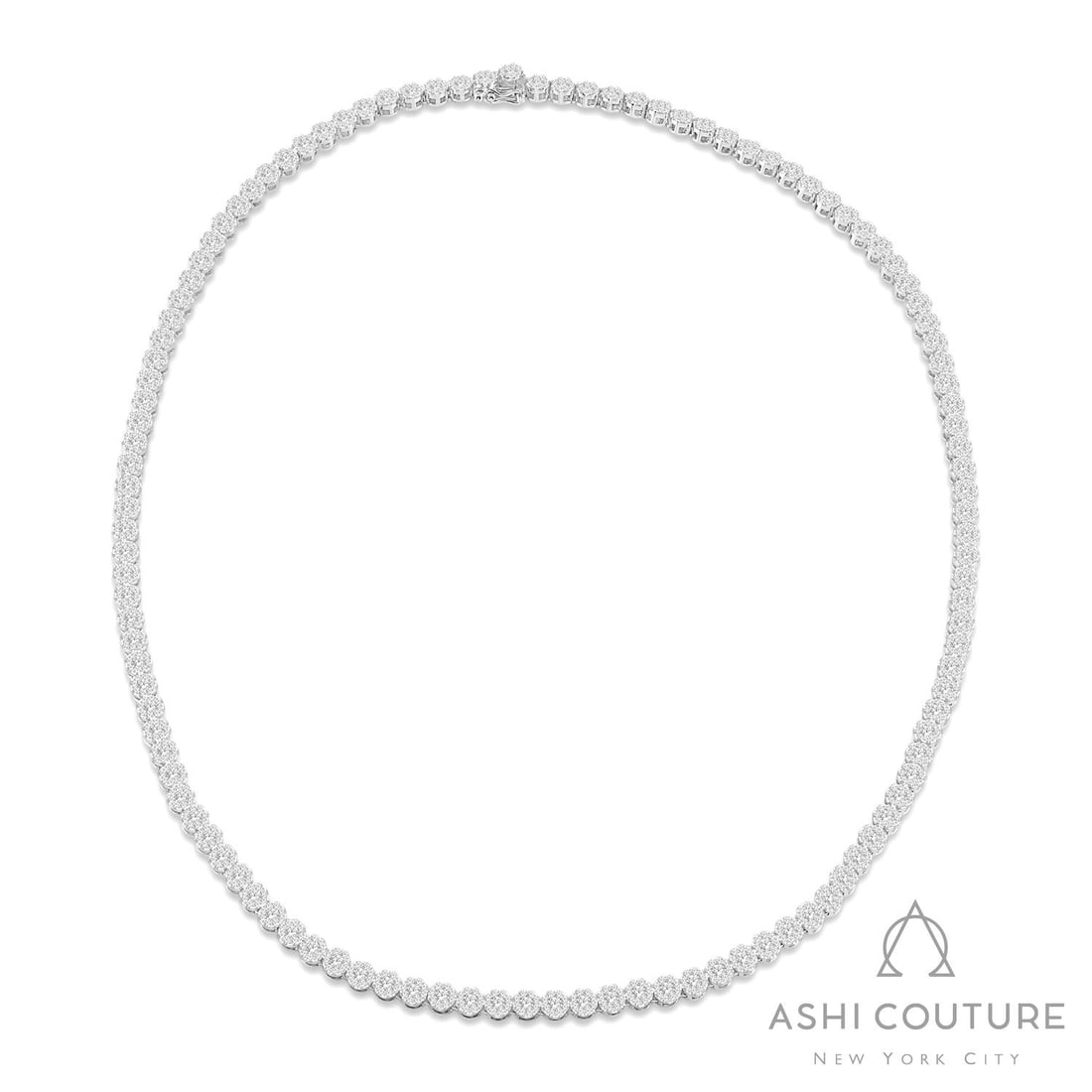 8.07 ctw White Diamond Fiori Eternity Cluster 18K White Gold Necklace: A vision of luxury, this magnificent Fiori Eternity Tennis Cluster necklace featuring White Diamond defines sophistication. Securely held in a classic Cluster design, the necklace is forged from 24.65