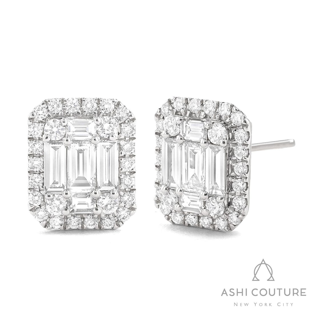 1.39 ctw Baguette and Round Diamond 18K White Gold Stud Earrings: An exquisite masterpiece of haute joaillerie, this breathtaking Empress Classic Stud pair of earrings featuring Natural Diamonds is a true treasure. Crafted with precision, the Halo setting is seamles